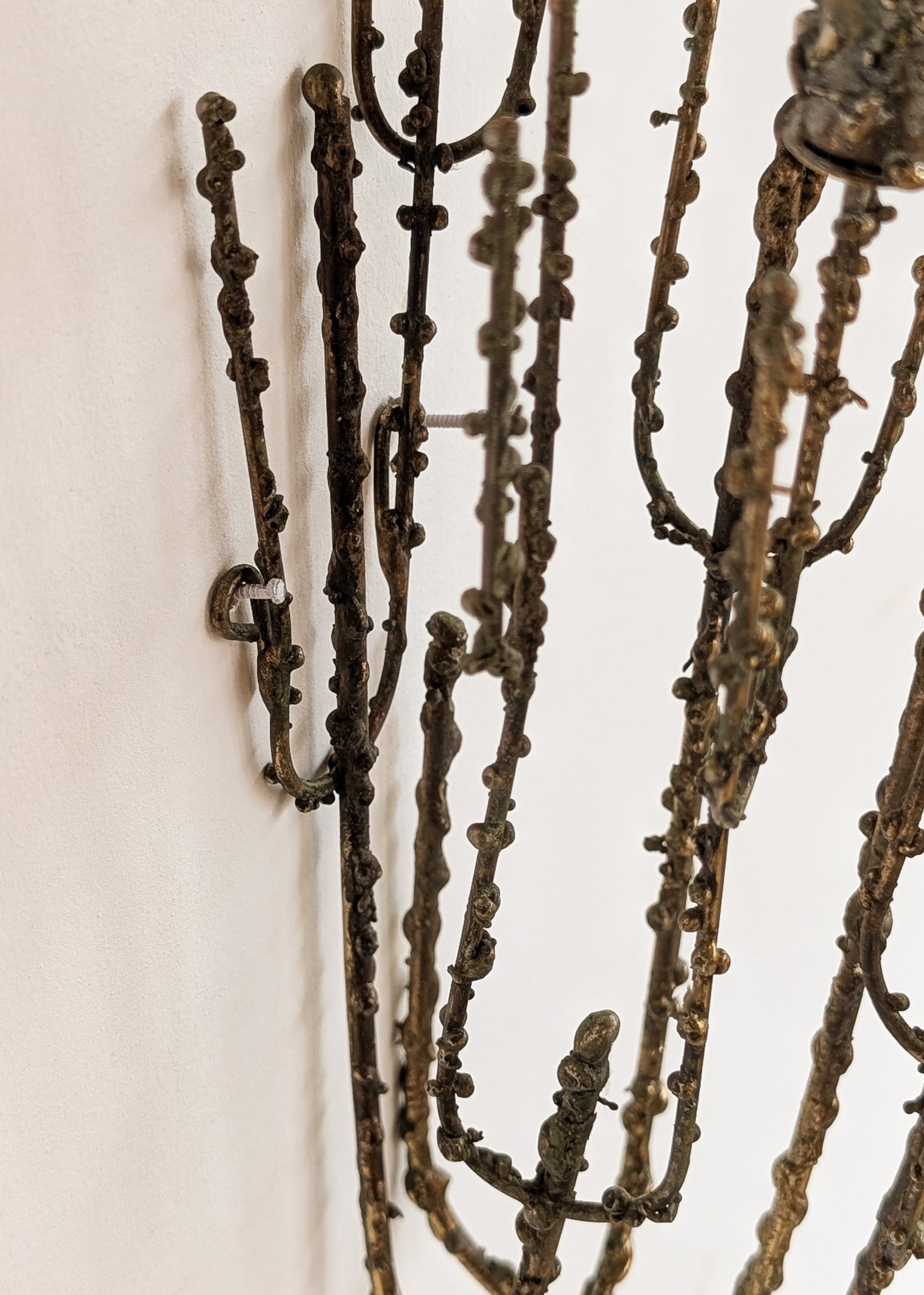 Rare Signed 1968 Curtis Jeré Brutalist Wall Sconce Candelabra with Faux Verdigris Finish