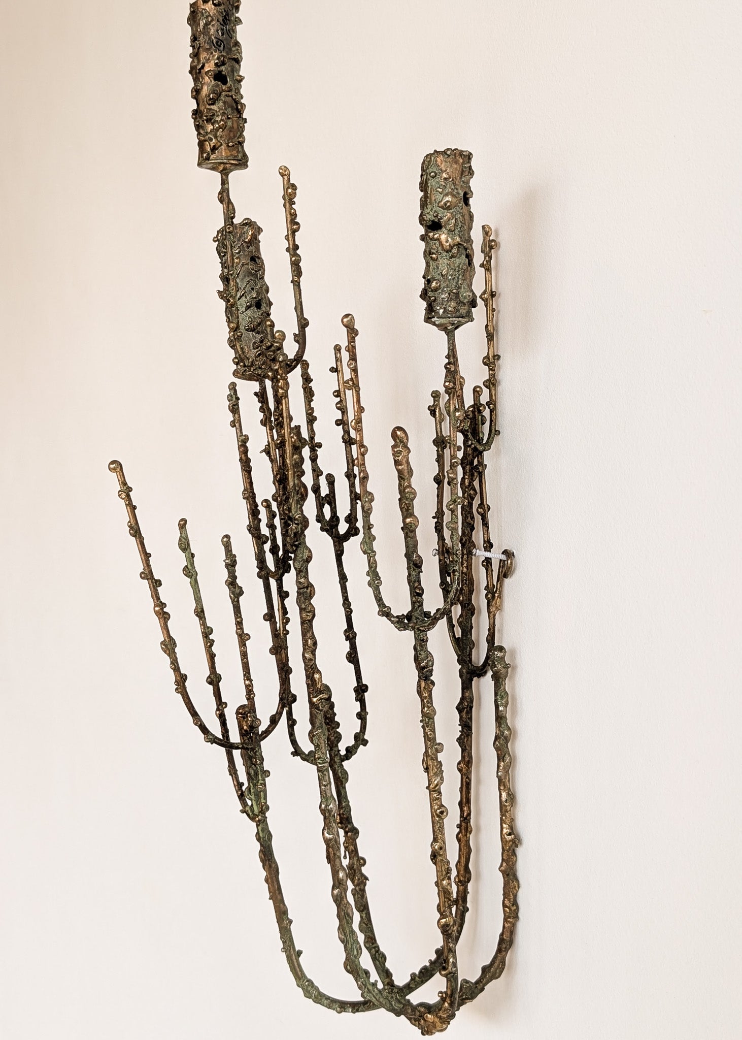 Rare Signed 1968 Curtis Jeré Brutalist Wall Sconce Candelabra with Faux Verdigris Finish