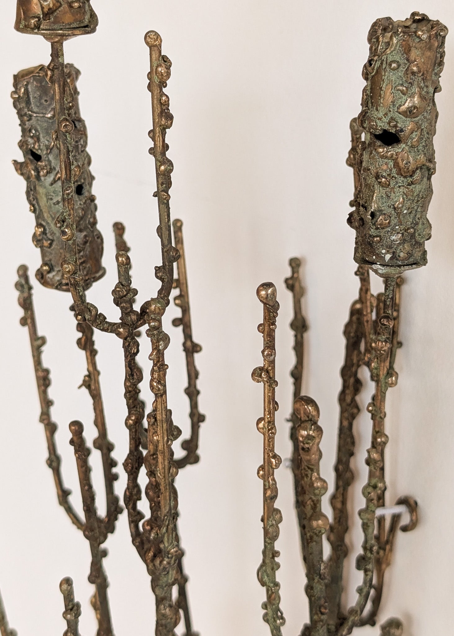 Rare Signed 1968 Curtis Jeré Brutalist Wall Sconce Candelabra with Faux Verdigris Finish
