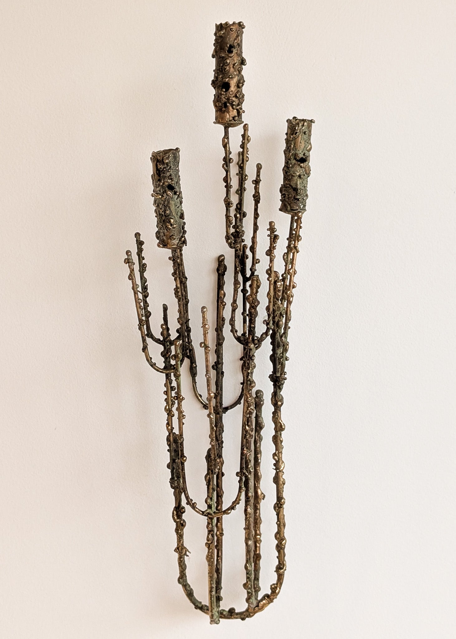 Rare Signed 1968 Curtis Jeré Brutalist Wall Sconce Candelabra with Faux Verdigris Finish