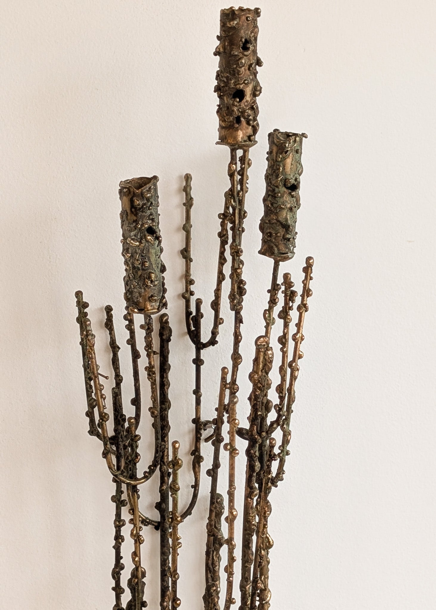 Rare Signed 1968 Curtis Jeré Brutalist Wall Sconce Candelabra with Faux Verdigris Finish