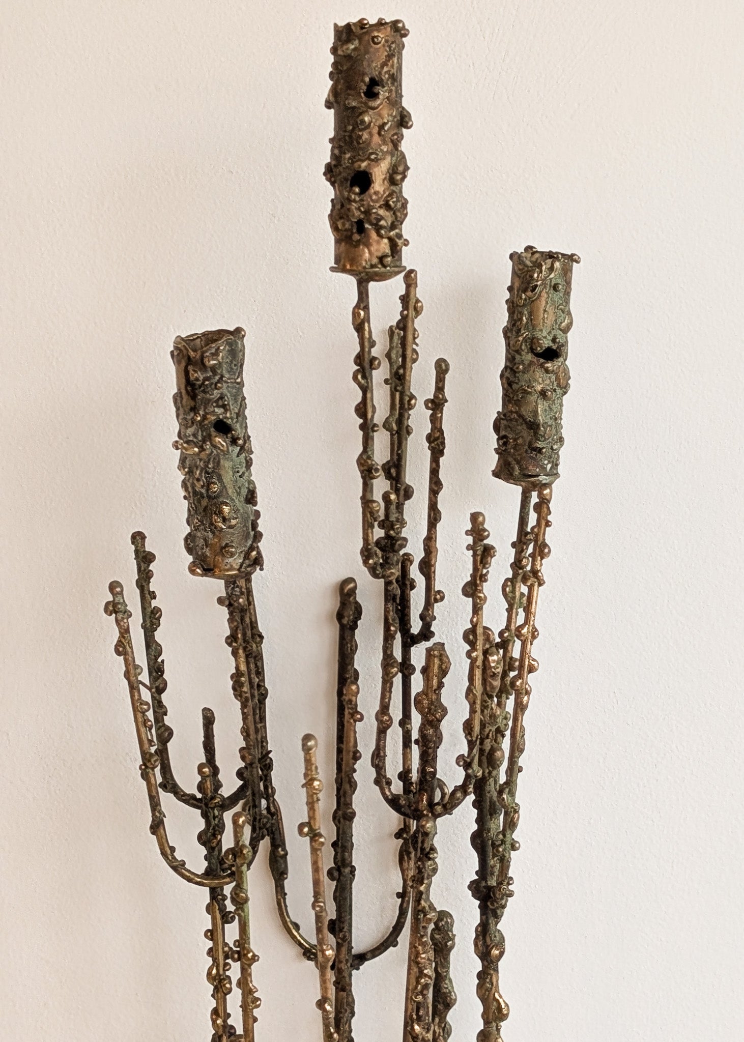 Rare Signed 1968 Curtis Jeré Brutalist Wall Sconce Candelabra with Faux Verdigris Finish