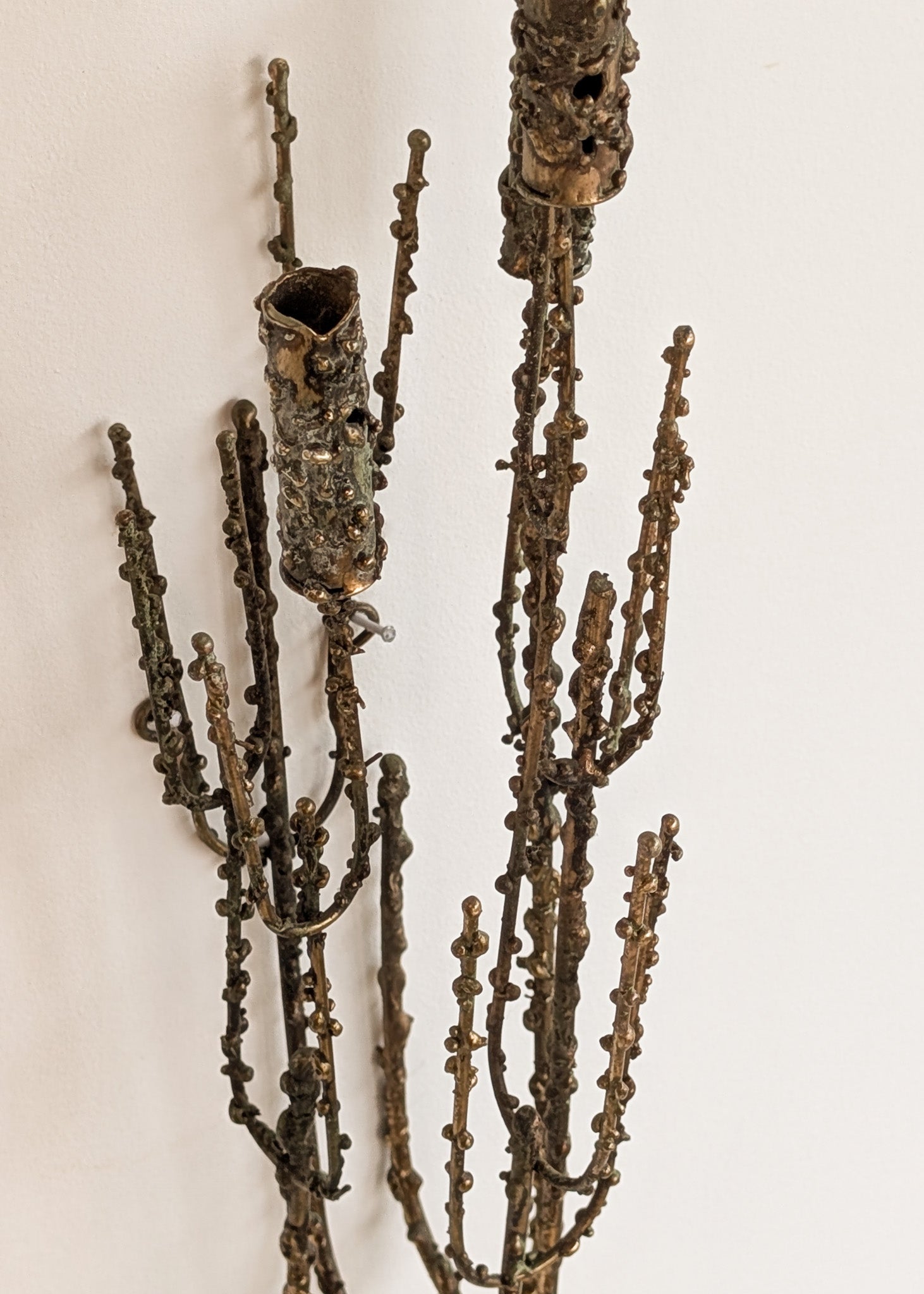 Rare Signed 1968 Curtis Jeré Brutalist Wall Sconce Candelabra with Faux Verdigris Finish