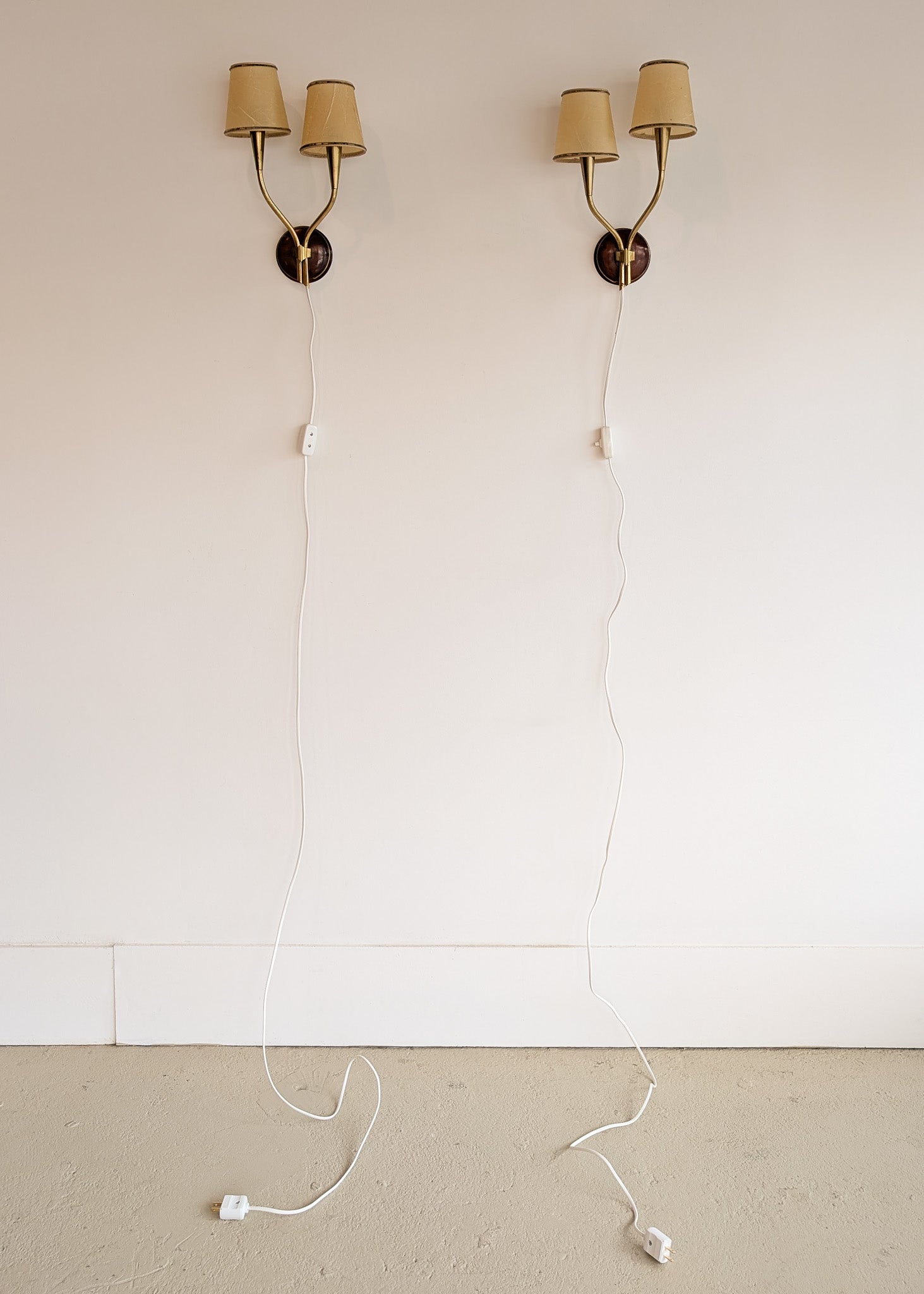 Pair of Rare Vintage Norwegian Brass and Wood Plug-in Wall Sconces with Original Shades
