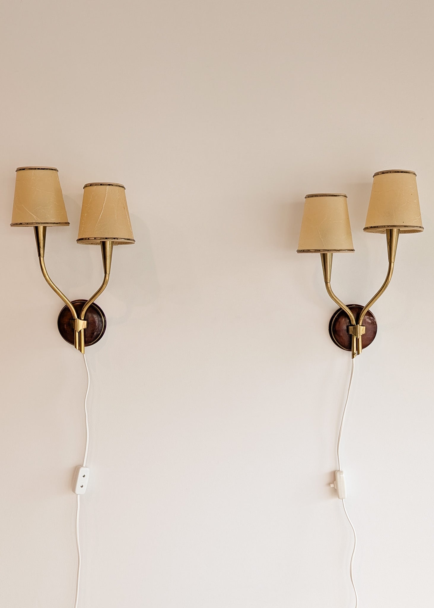Pair of Rare Vintage Norwegian Brass and Wood Plug-in Wall Sconces with Original Shades