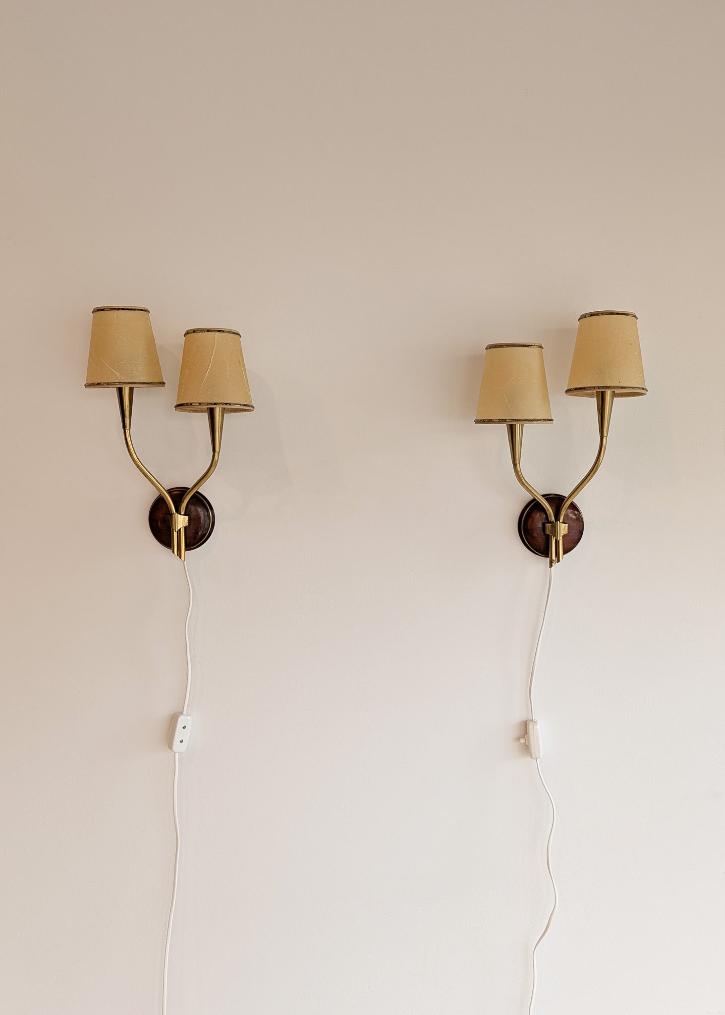 Pair of Rare Vintage Norwegian Brass and Wood Plug-in Wall Sconces with Original Shades