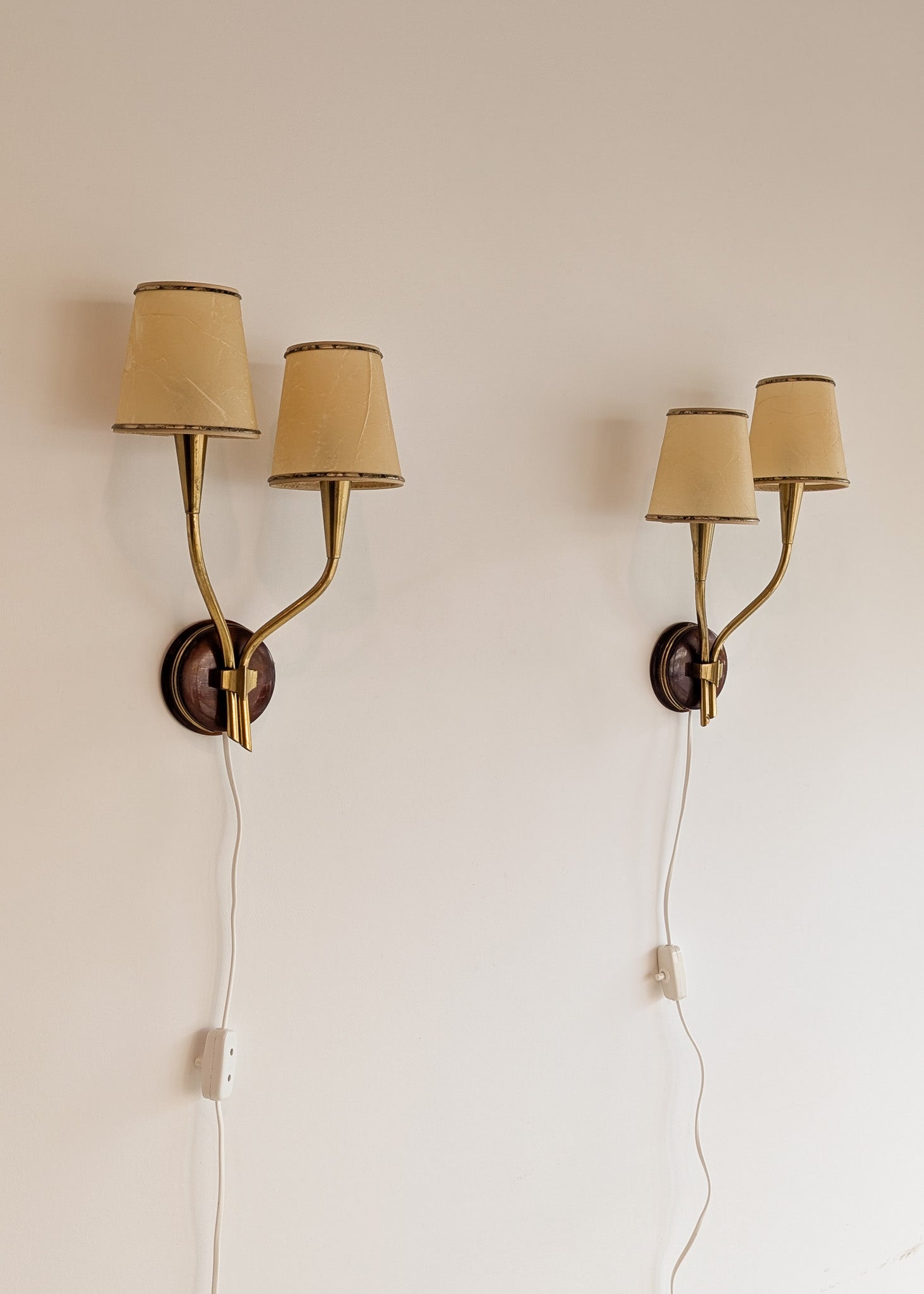 Pair of Rare Vintage Norwegian Brass and Wood Plug-in Wall Sconces with Original Shades