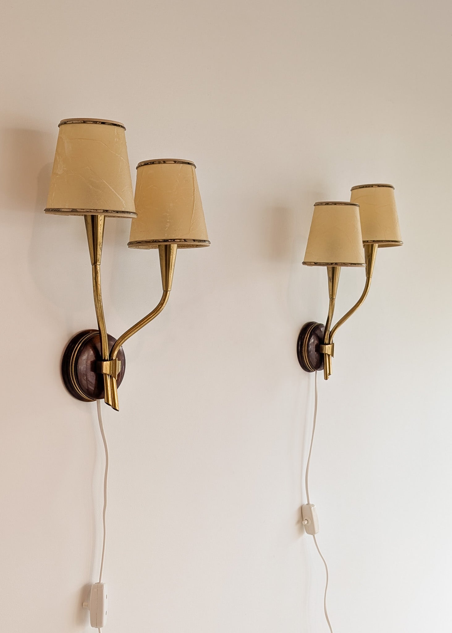 Pair of Rare Vintage Norwegian Brass and Wood Plug-in Wall Sconces with Original Shades