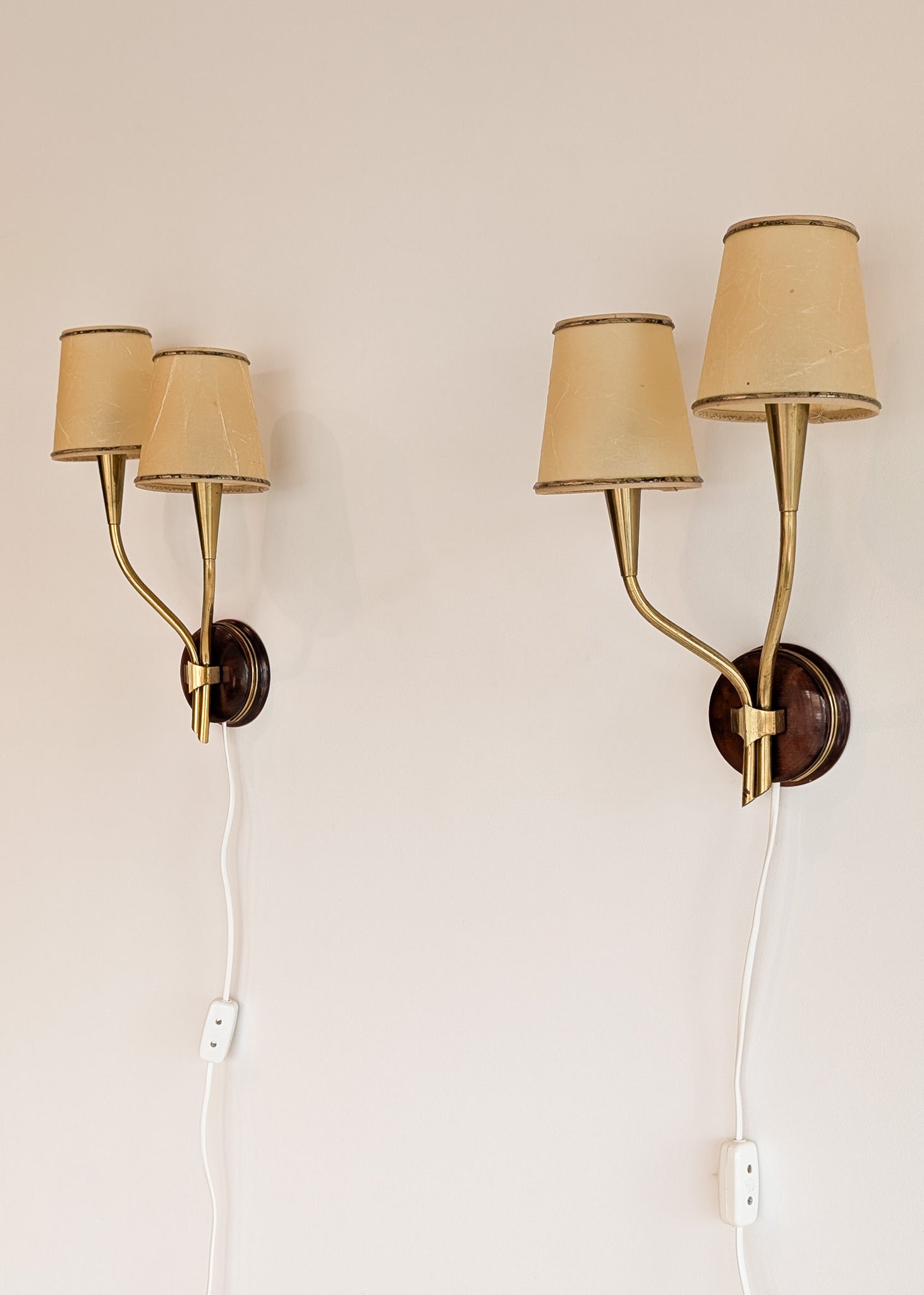 Pair of Rare Vintage Norwegian Brass and Wood Plug-in Wall Sconces with Original Shades
