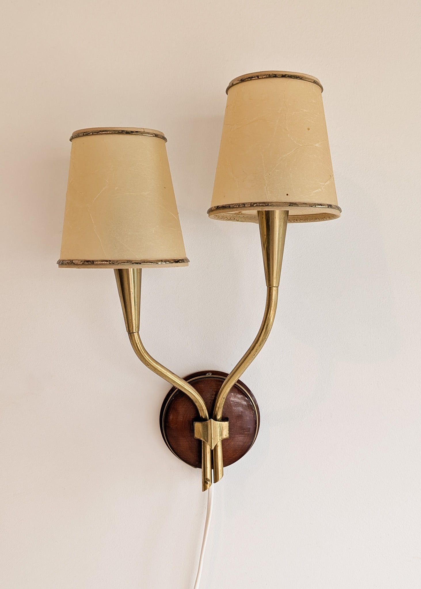 Pair of Rare Vintage Norwegian Brass and Wood Plug-in Wall Sconces with Original Shades