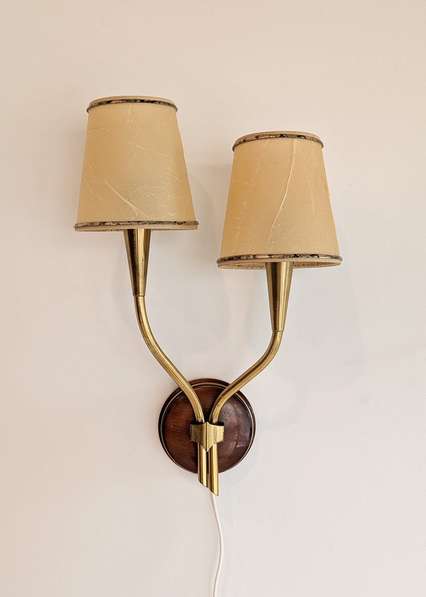 Pair of Rare Vintage Norwegian Brass and Wood Plug-in Wall Sconces with Original Shades