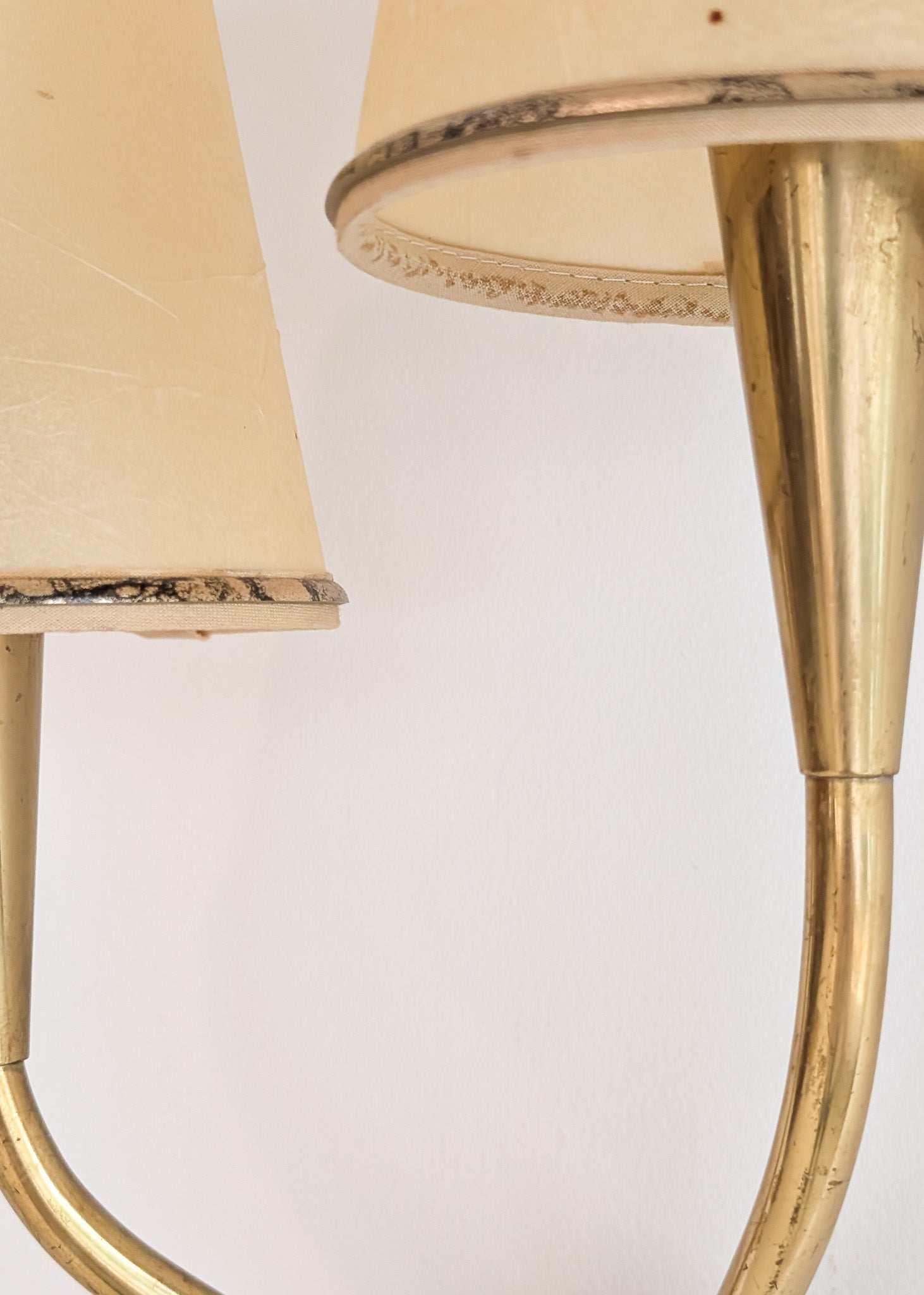 Pair of Rare Vintage Norwegian Brass and Wood Plug-in Wall Sconces with Original Shades