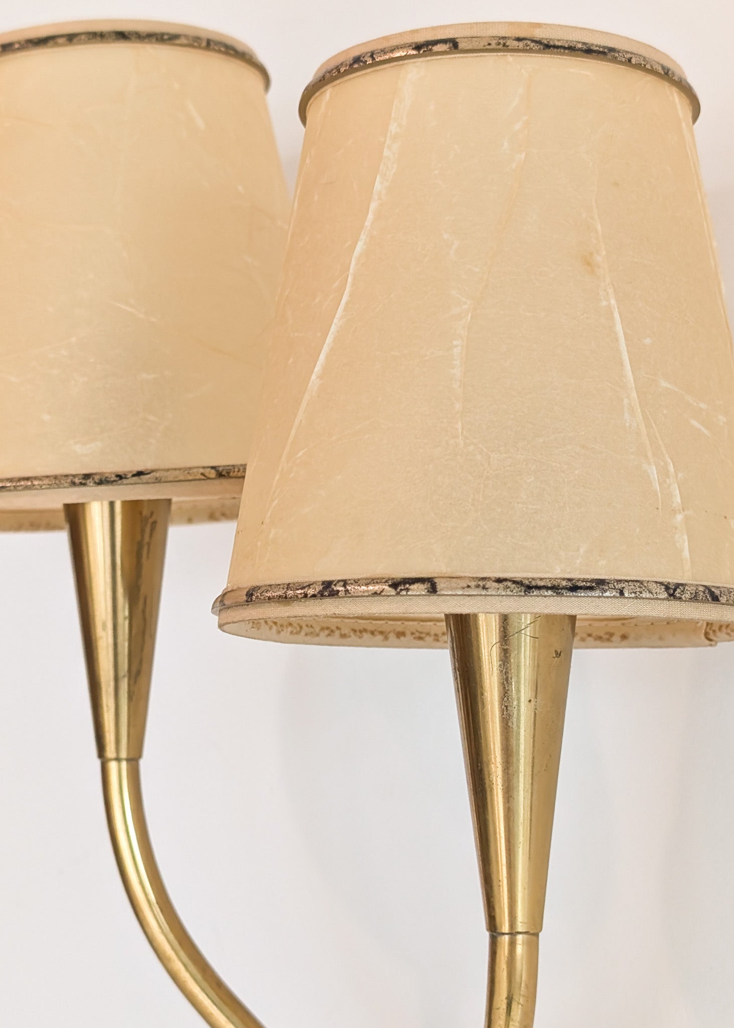 Pair of Rare Vintage Norwegian Brass and Wood Plug-in Wall Sconces with Original Shades