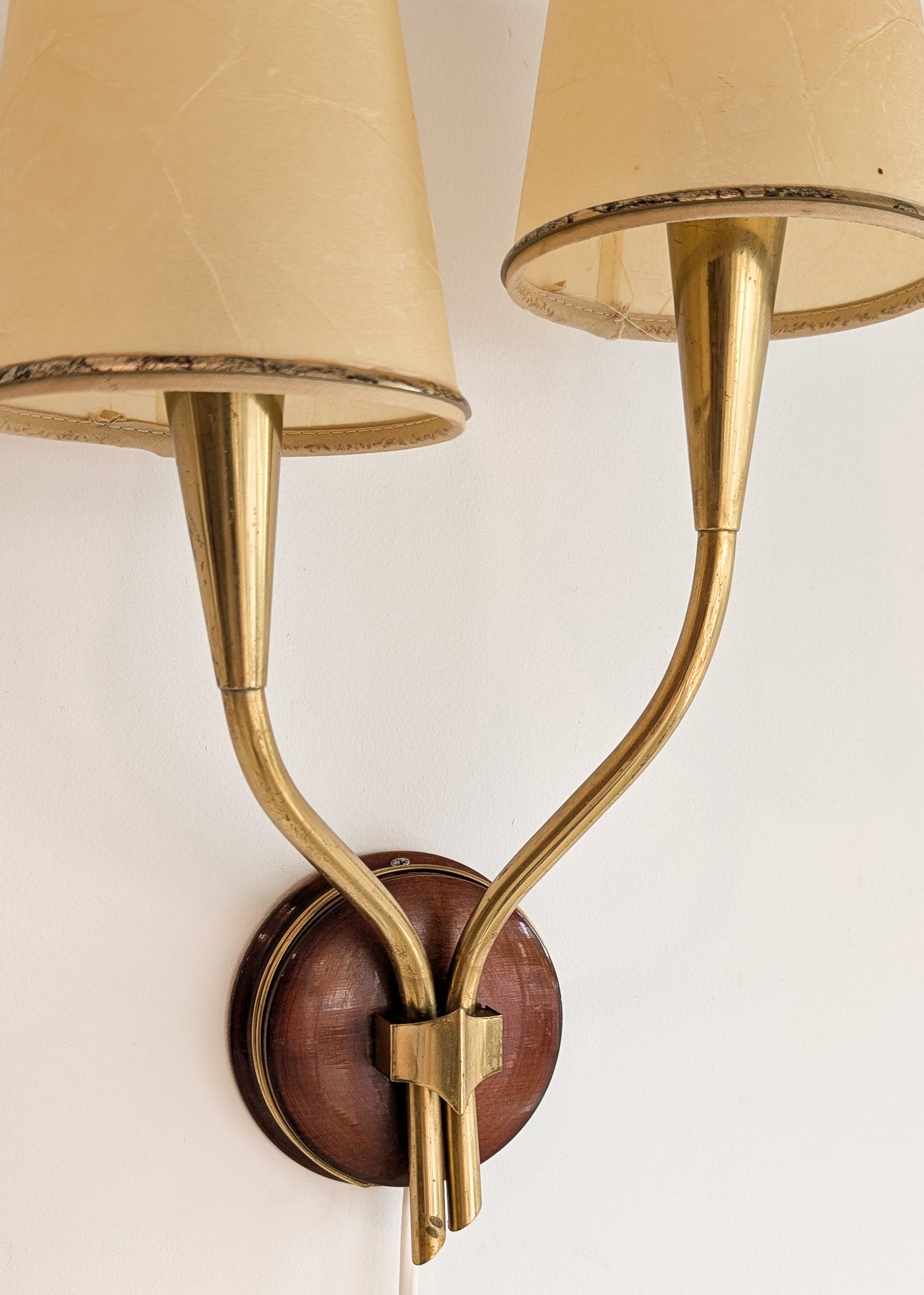 Pair of Rare Vintage Norwegian Brass and Wood Plug-in Wall Sconces with Original Shades