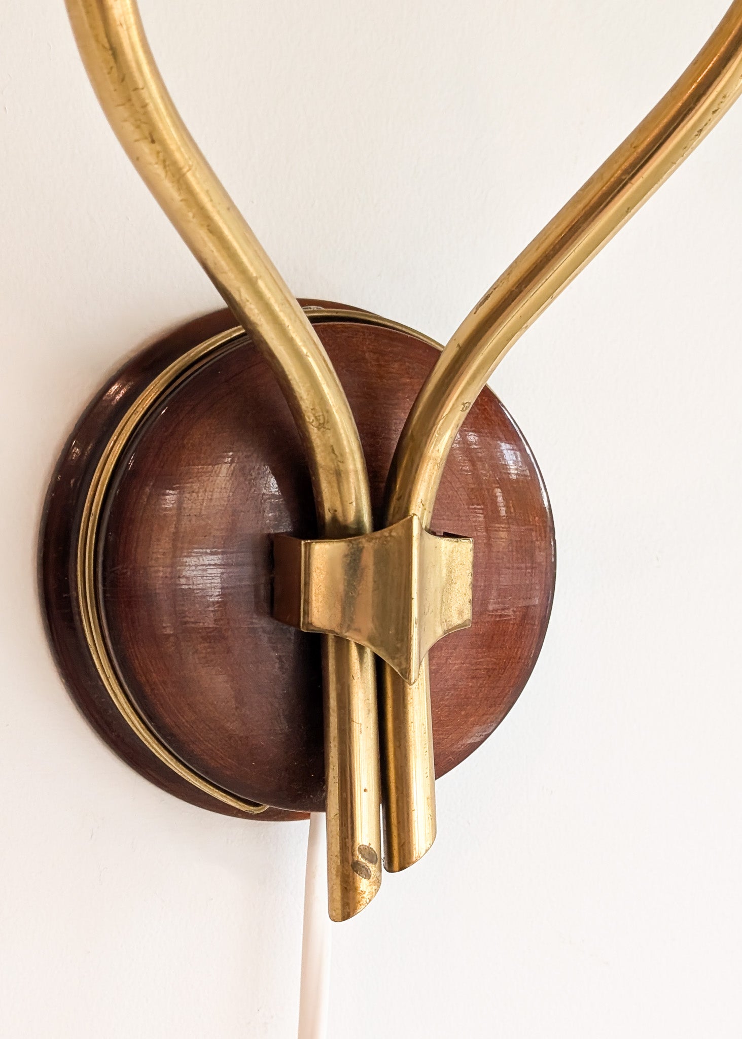 Pair of Rare Vintage Norwegian Brass and Wood Plug-in Wall Sconces with Original Shades