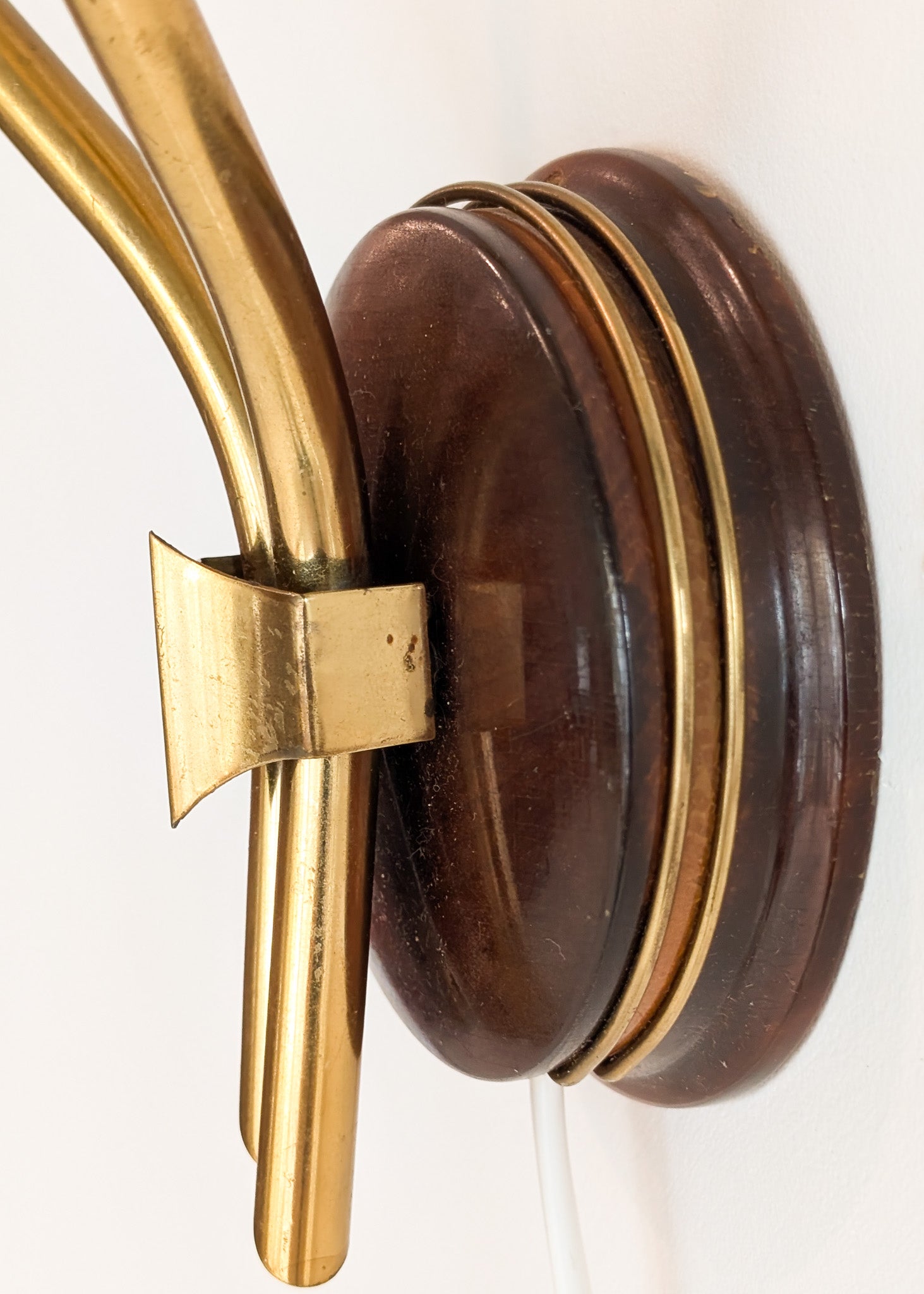 Pair of Rare Vintage Norwegian Brass and Wood Plug-in Wall Sconces with Original Shades