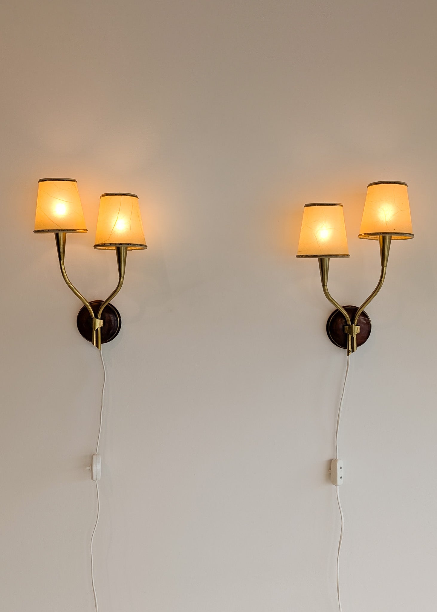 Pair of Rare Vintage Norwegian Brass and Wood Plug-in Wall Sconces with Original Shades