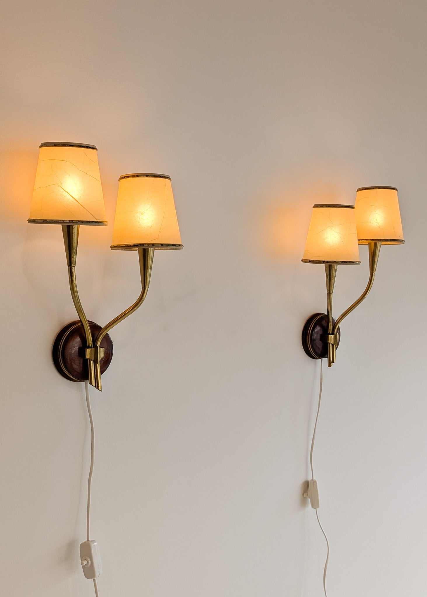 Pair of Rare Vintage Norwegian Brass and Wood Plug-in Wall Sconces with Original Shades