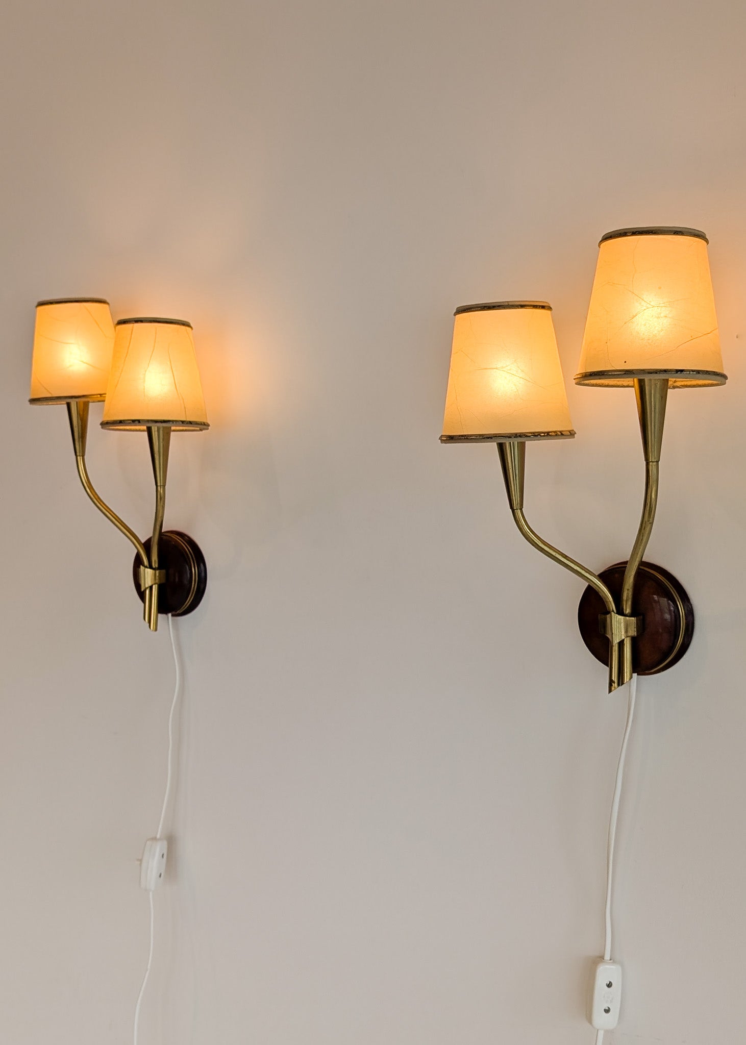 Pair of Rare Vintage Norwegian Brass and Wood Plug-in Wall Sconces with Original Shades
