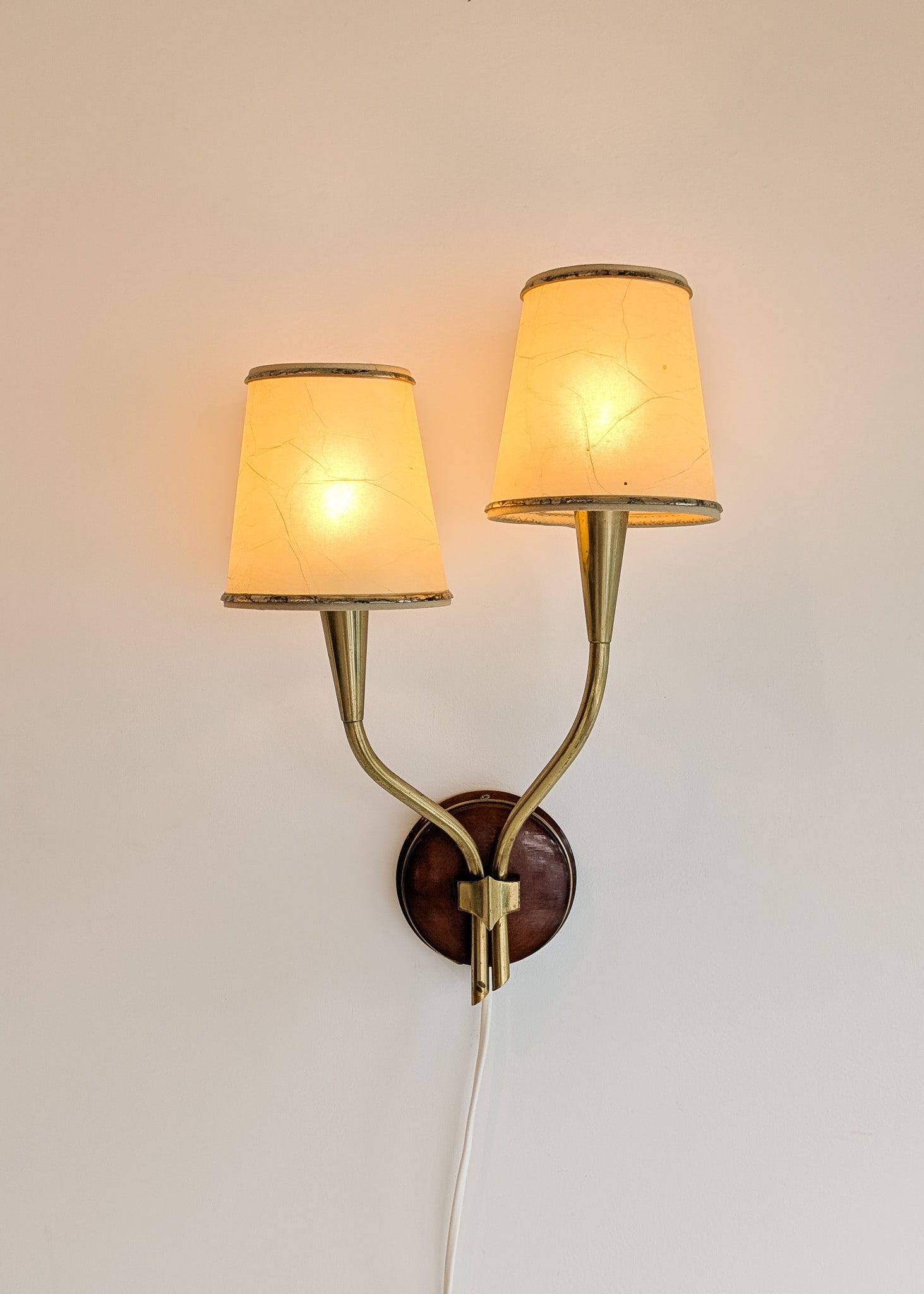 Pair of Rare Vintage Norwegian Brass and Wood Plug-in Wall Sconces with Original Shades