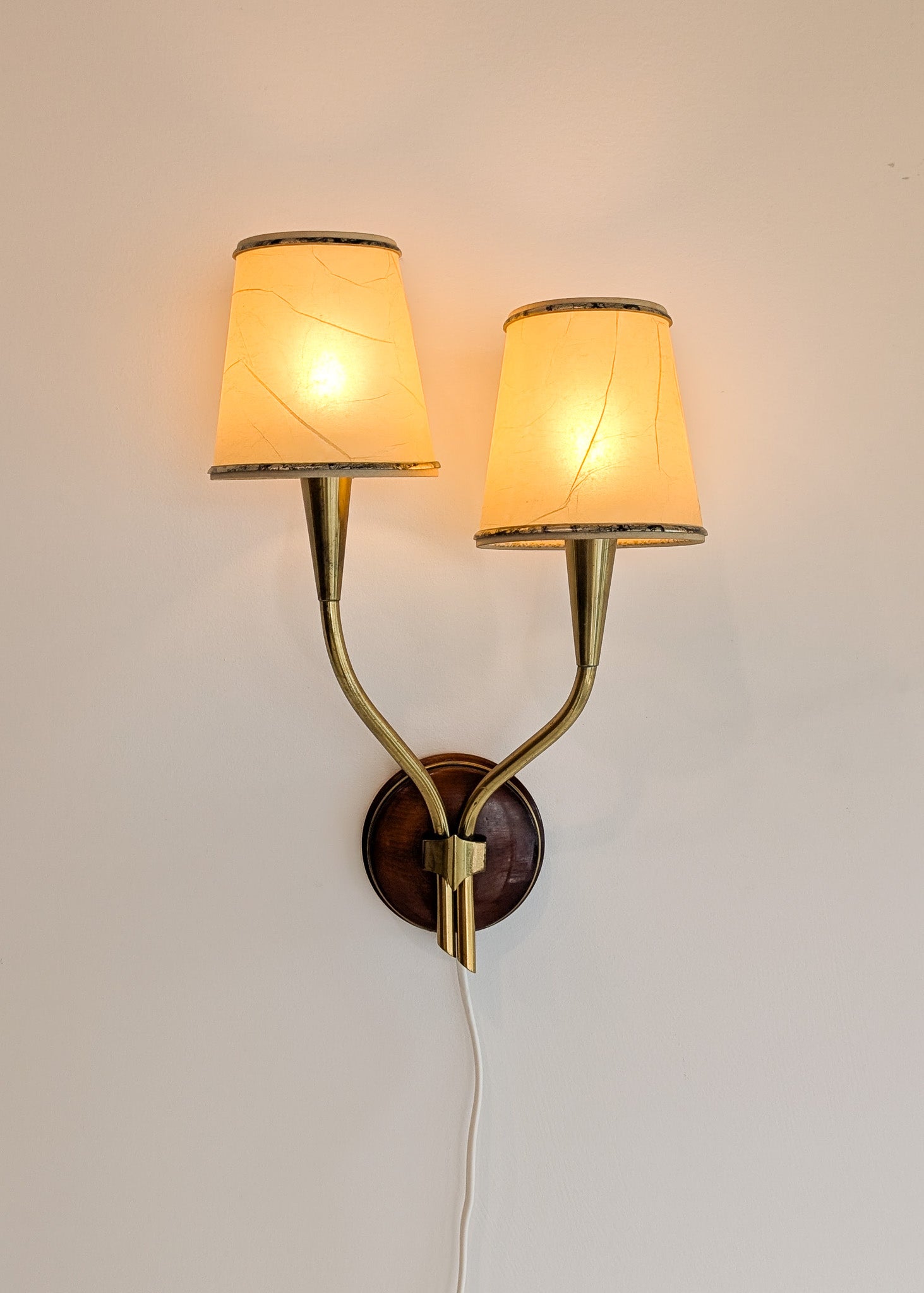 Pair of Rare Vintage Norwegian Brass and Wood Plug-in Wall Sconces with Original Shades