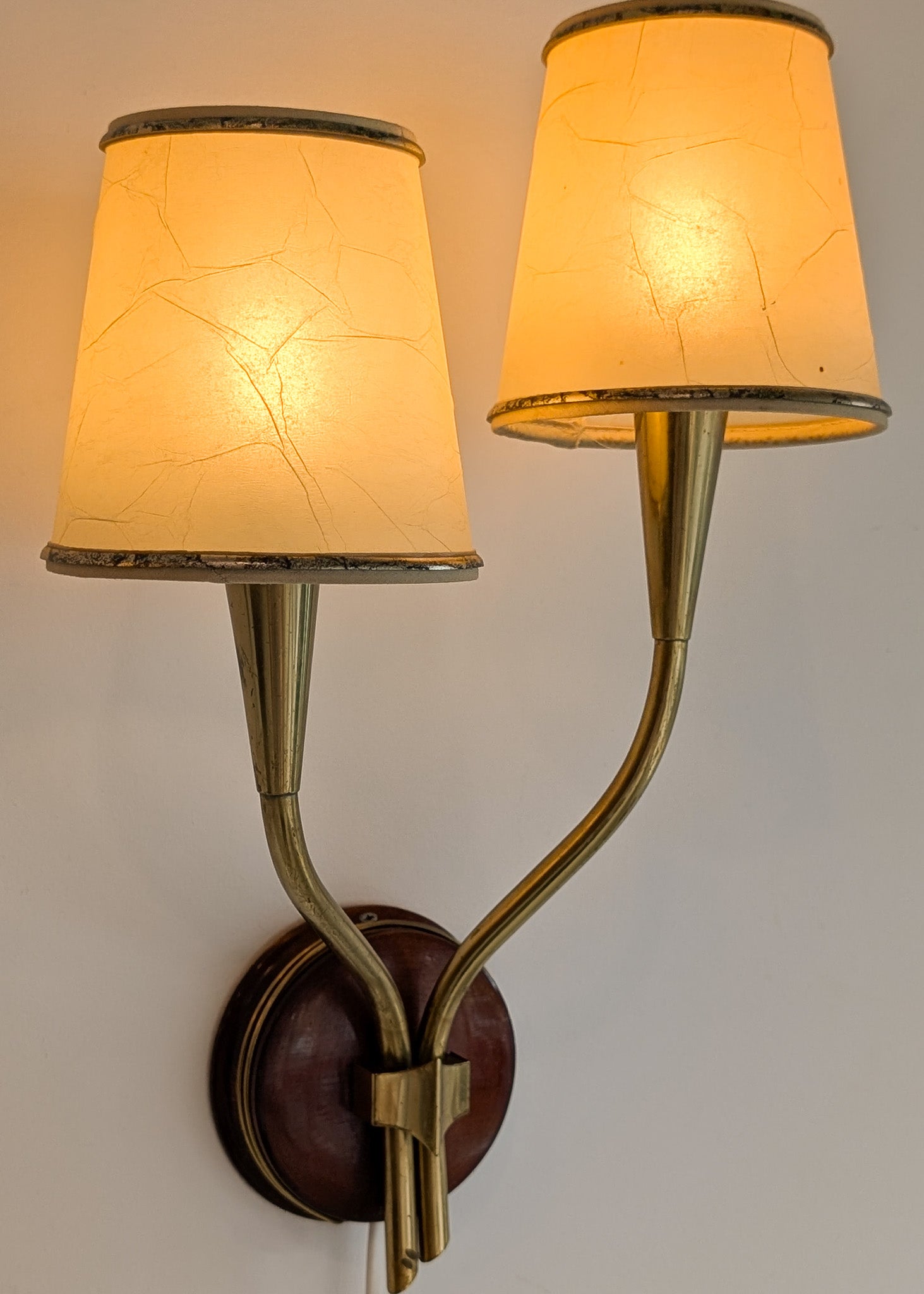 Pair of Rare Vintage Norwegian Brass and Wood Plug-in Wall Sconces with Original Shades
