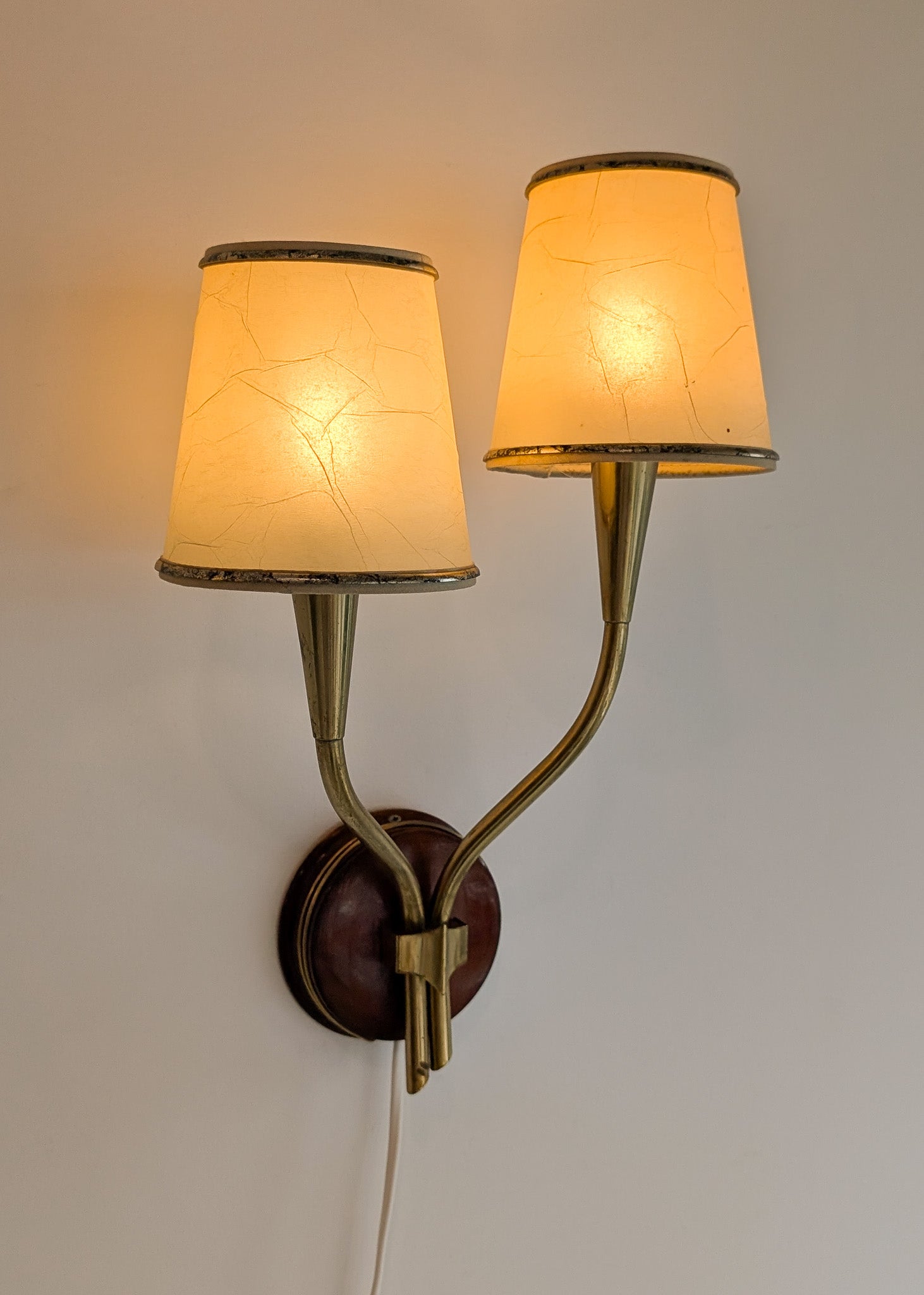 Pair of Rare Vintage Norwegian Brass and Wood Plug-in Wall Sconces with Original Shades