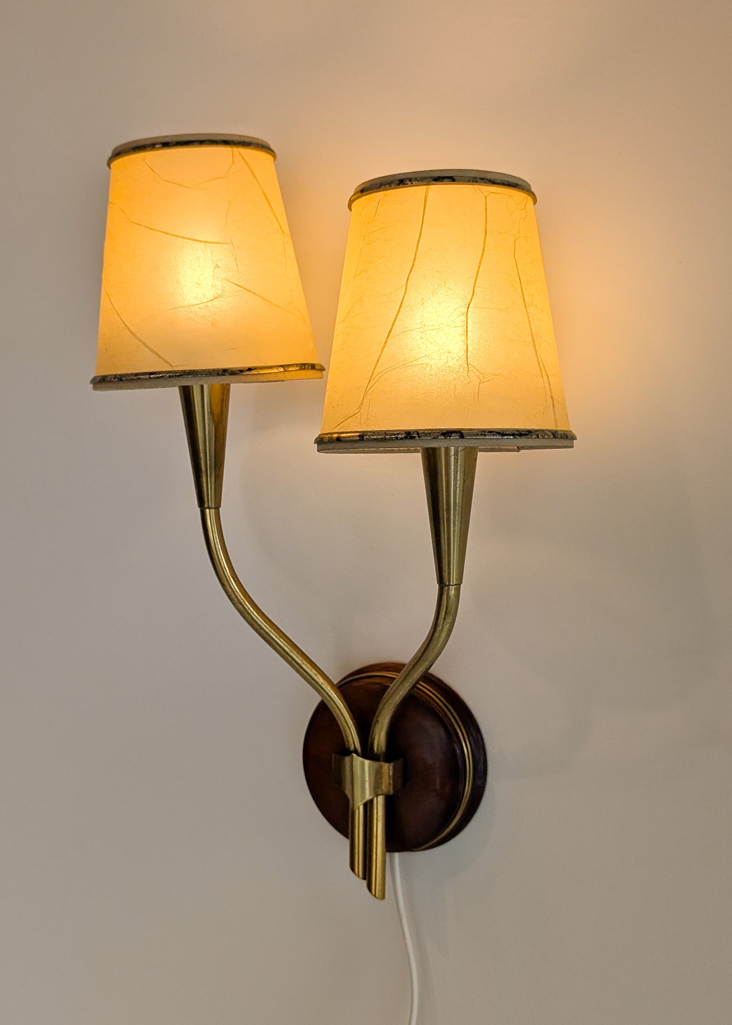 Pair of Rare Vintage Norwegian Brass and Wood Plug-in Wall Sconces with Original Shades