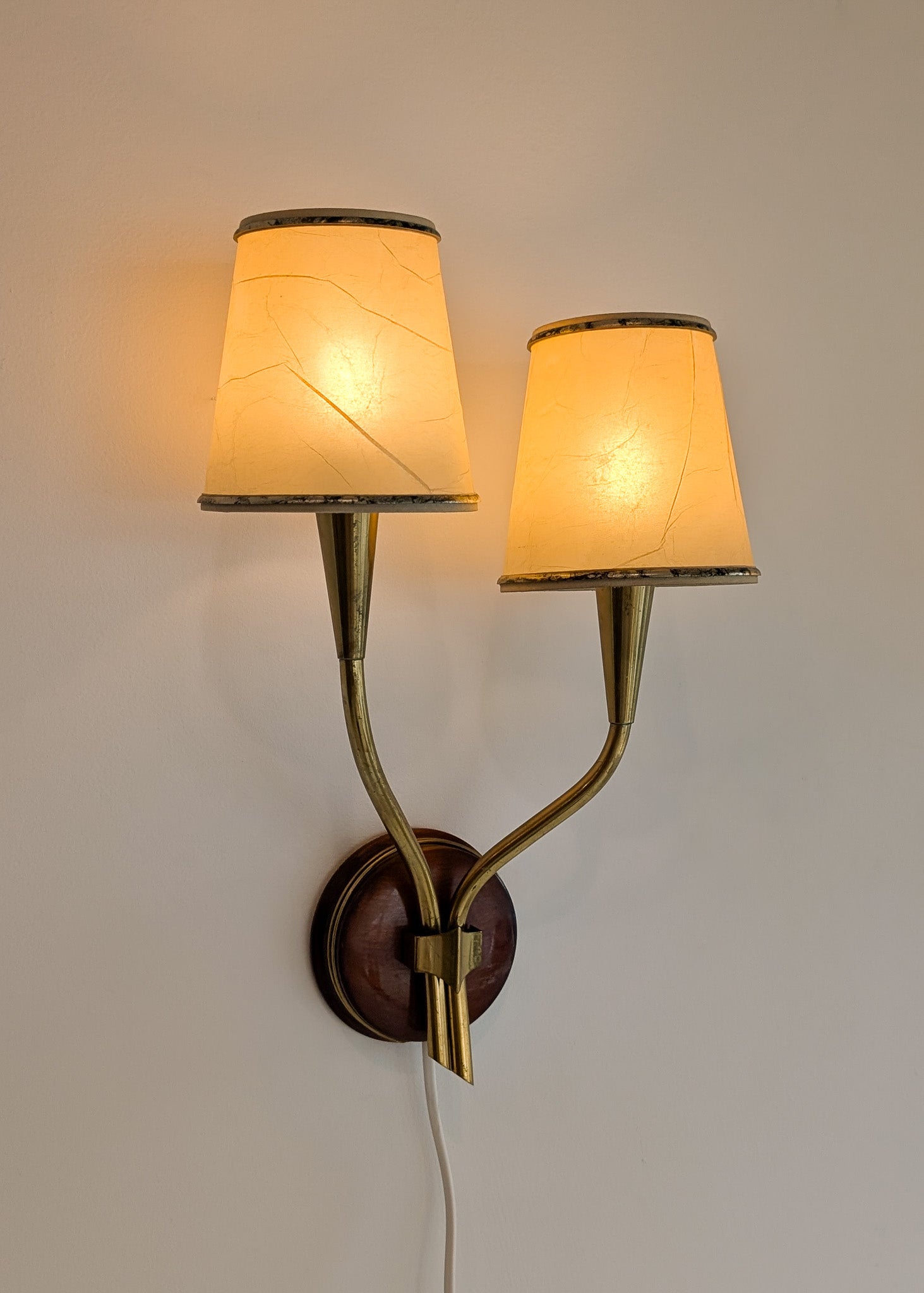 Pair of Rare Vintage Norwegian Brass and Wood Plug-in Wall Sconces with Original Shades