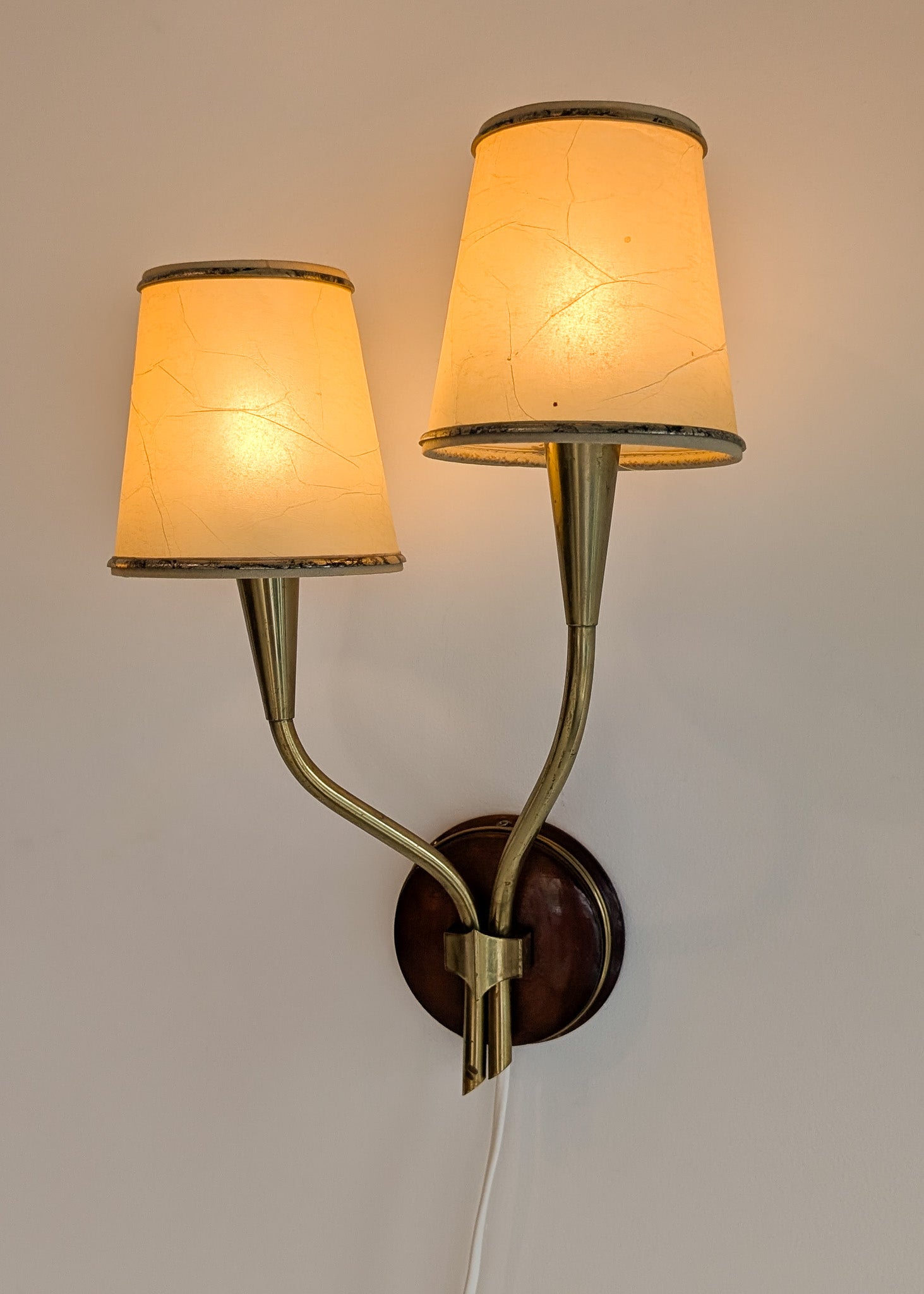 Pair of Rare Vintage Norwegian Brass and Wood Plug-in Wall Sconces with Original Shades
