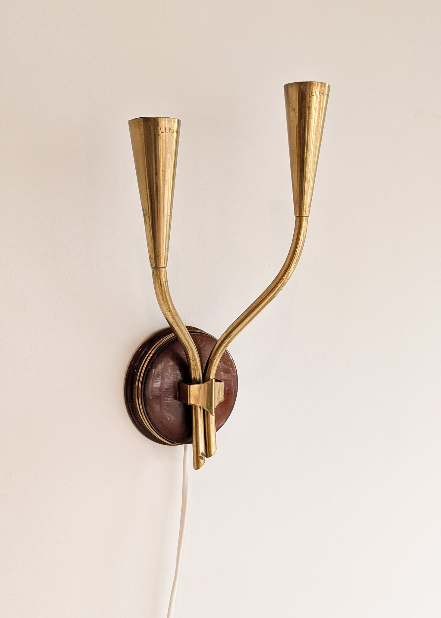 Pair of Rare Vintage Norwegian Brass and Wood Plug-in Wall Sconces with Original Shades