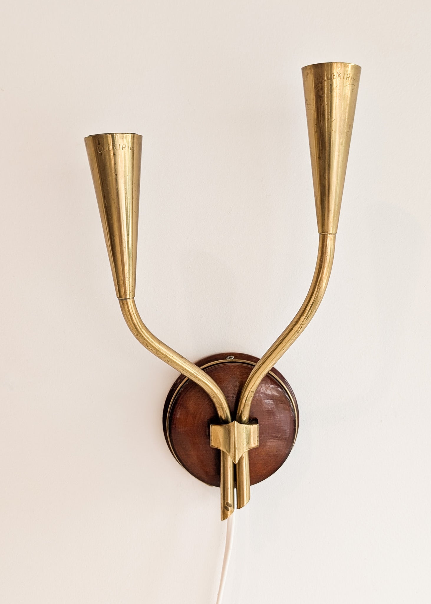 Pair of Rare Vintage Norwegian Brass and Wood Plug-in Wall Sconces with Original Shades