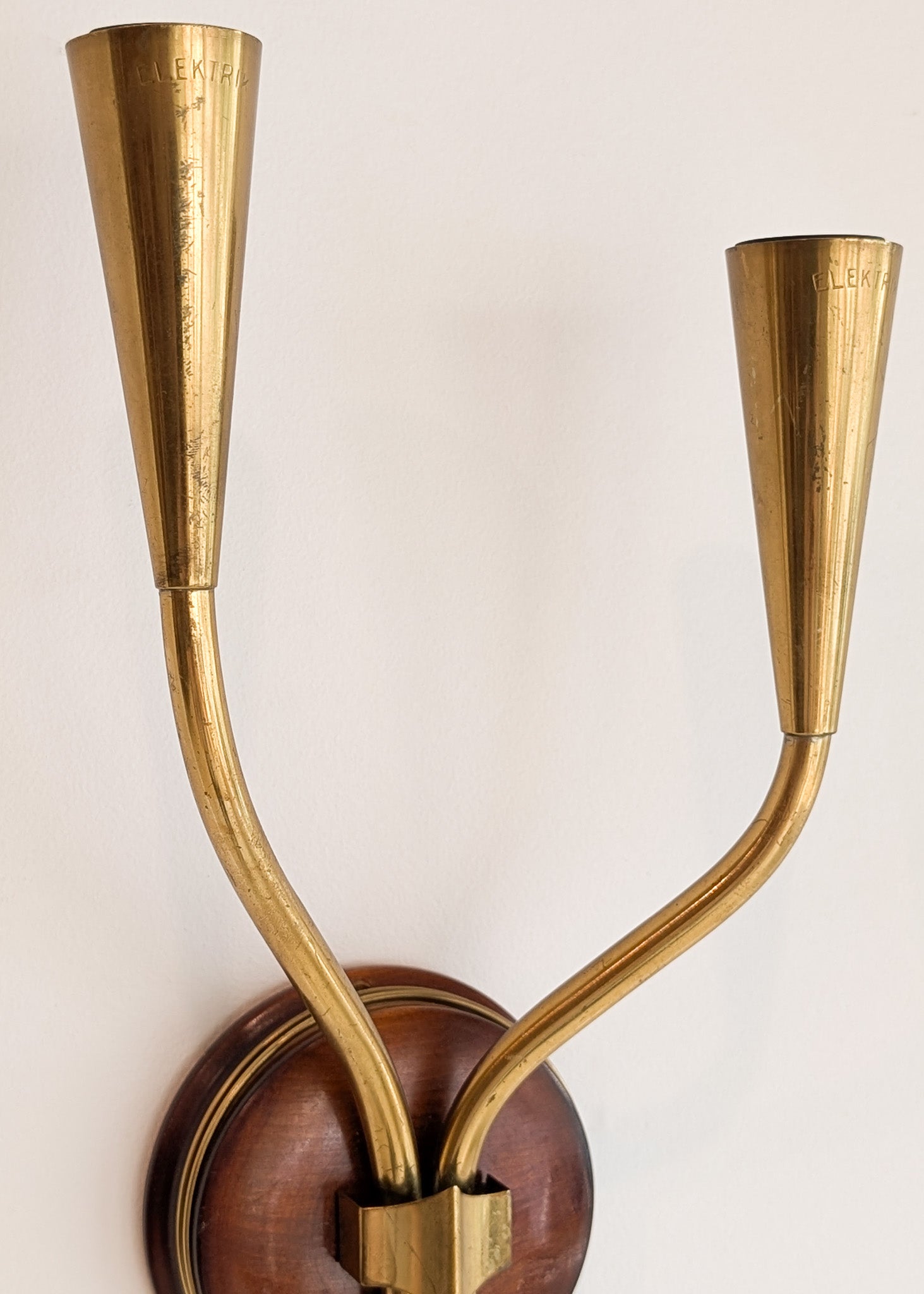 Pair of Rare Vintage Norwegian Brass and Wood Plug-in Wall Sconces with Original Shades