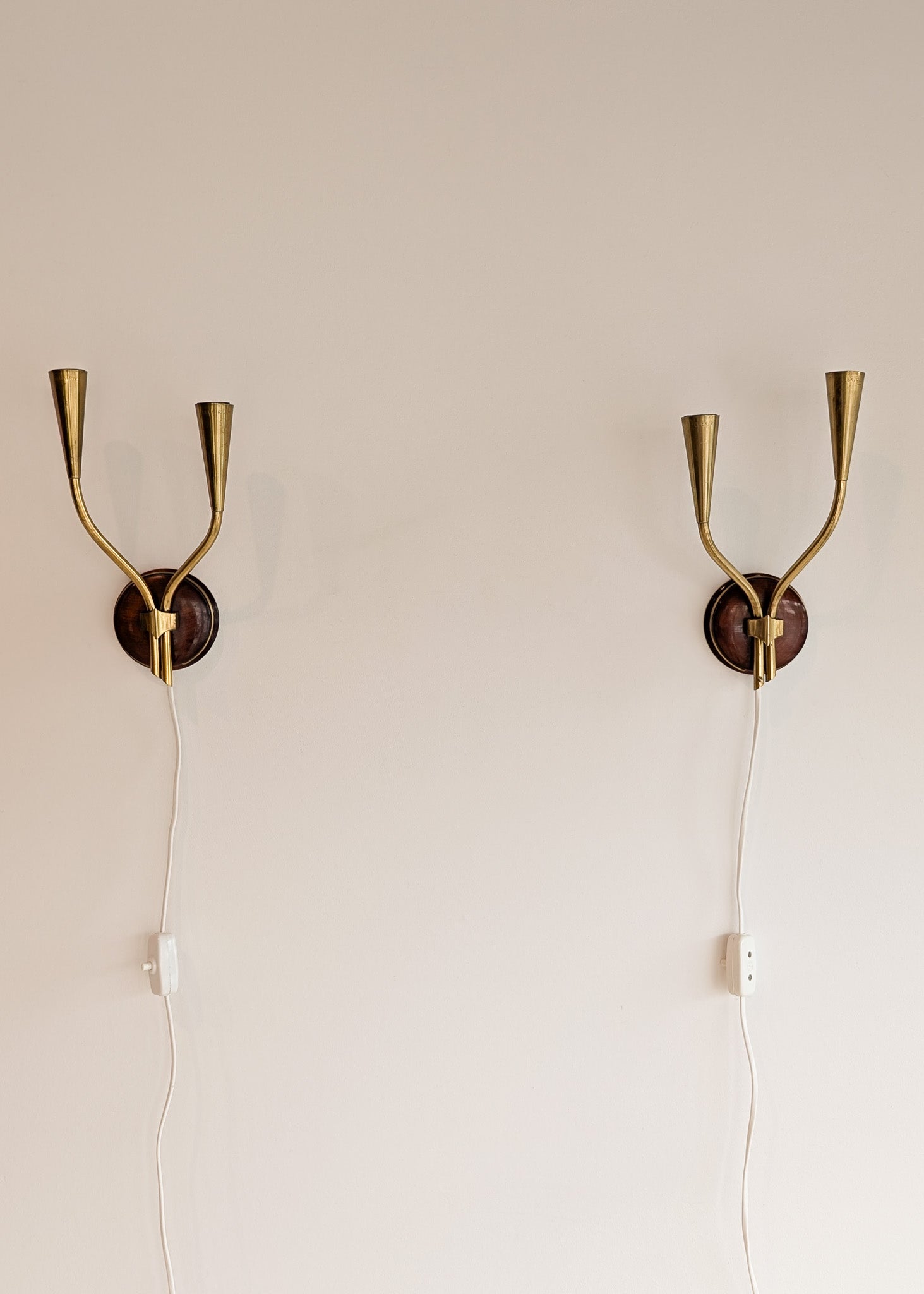 Pair of Rare Vintage Norwegian Brass and Wood Plug-in Wall Sconces with Original Shades