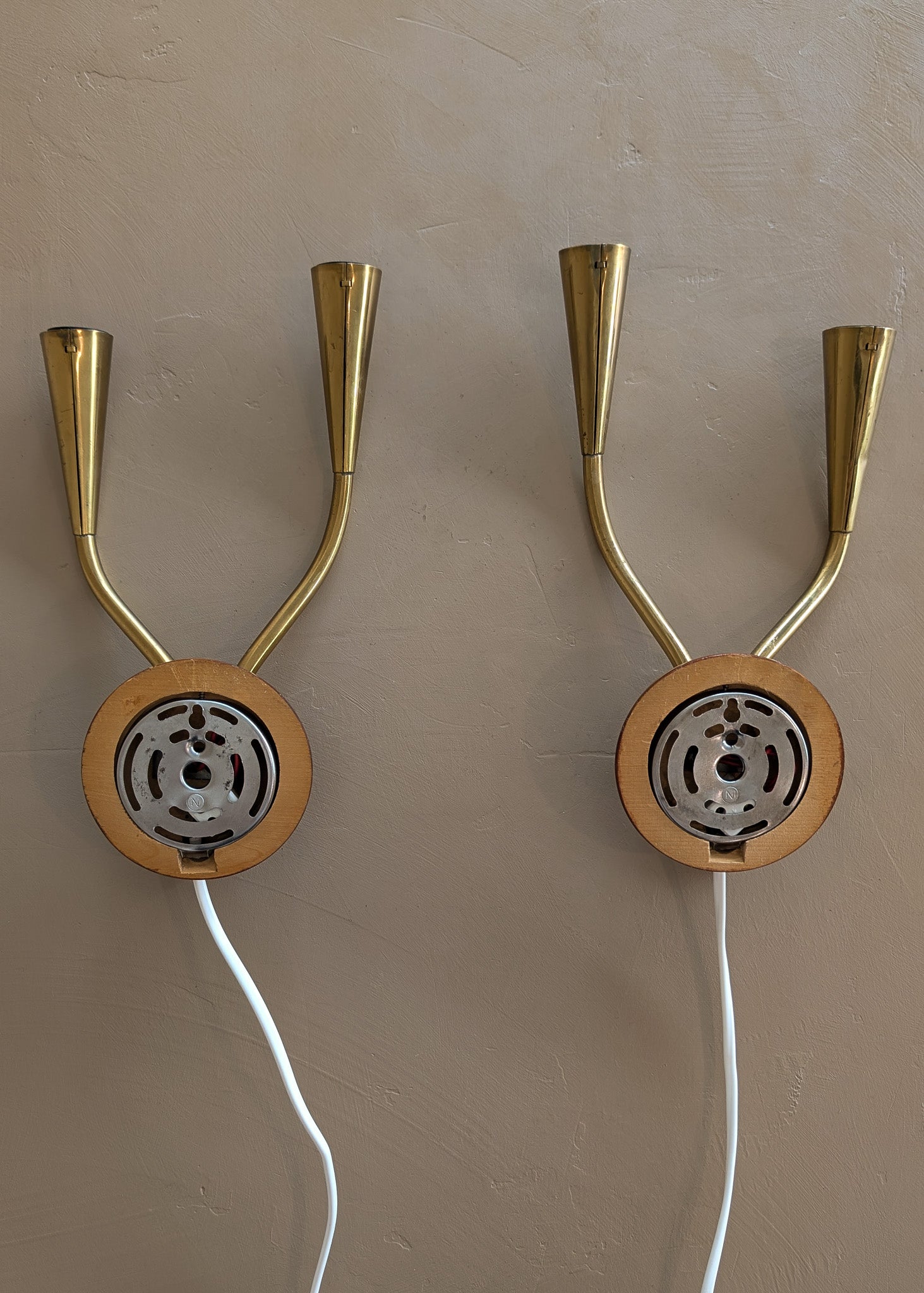 Pair of Rare Vintage Norwegian Brass and Wood Plug-in Wall Sconces with Original Shades