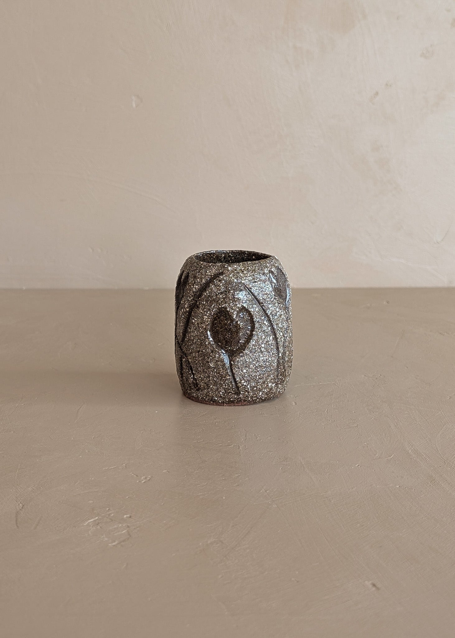 Petite Textured Brown Studio Pottery Vase with Incised Tulip Flower Detail