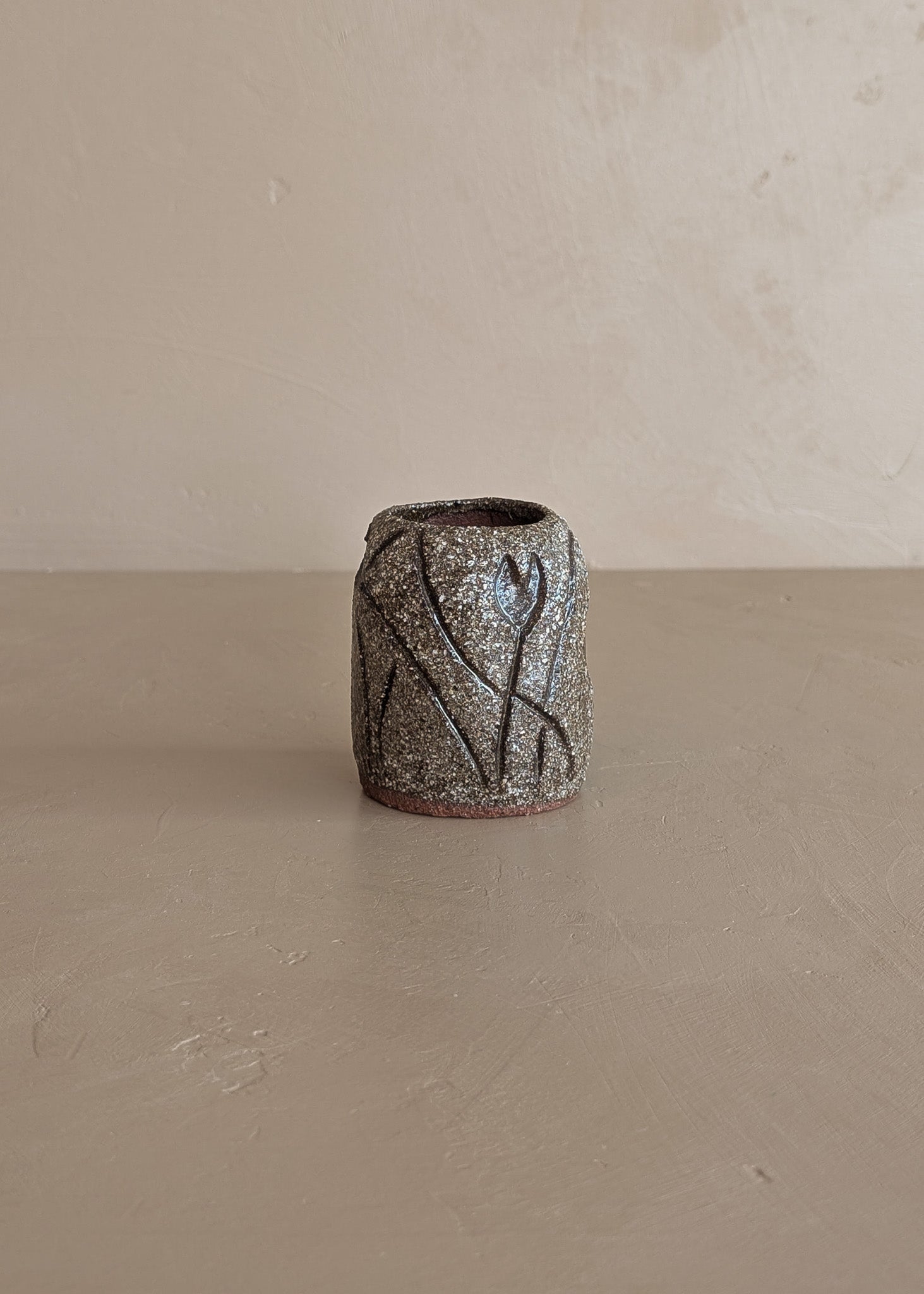 Petite Textured Brown Studio Pottery Vase with Incised Tulip Flower Detail