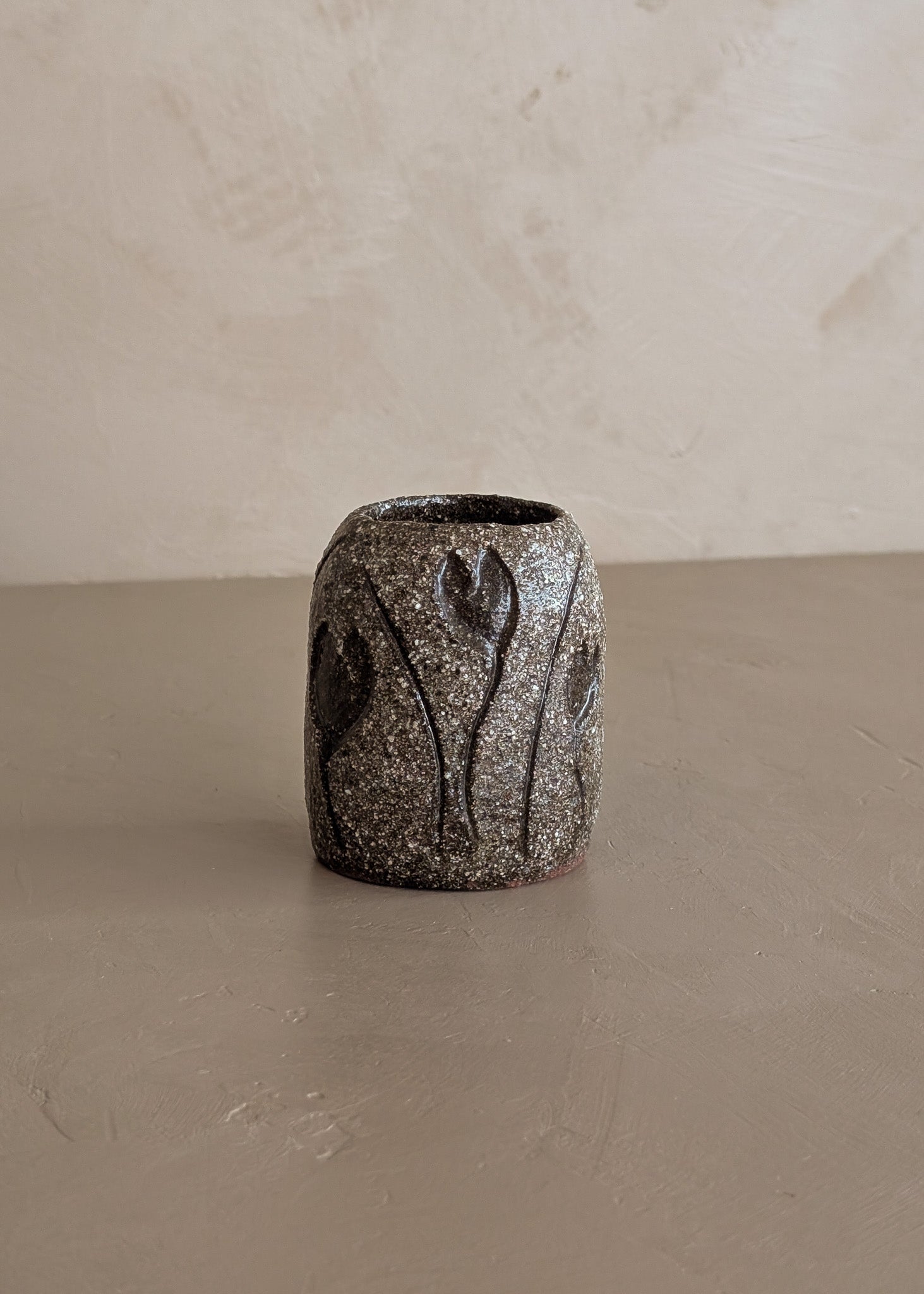 Petite Textured Brown Studio Pottery Vase with Incised Tulip Flower Detail