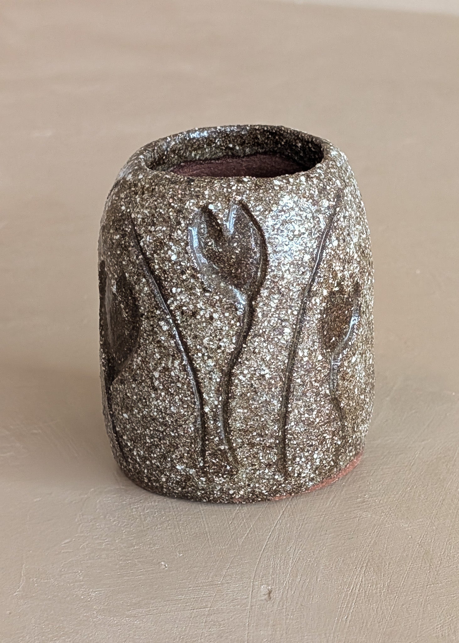 Petite Textured Brown Studio Pottery Vase with Incised Tulip Flower Detail