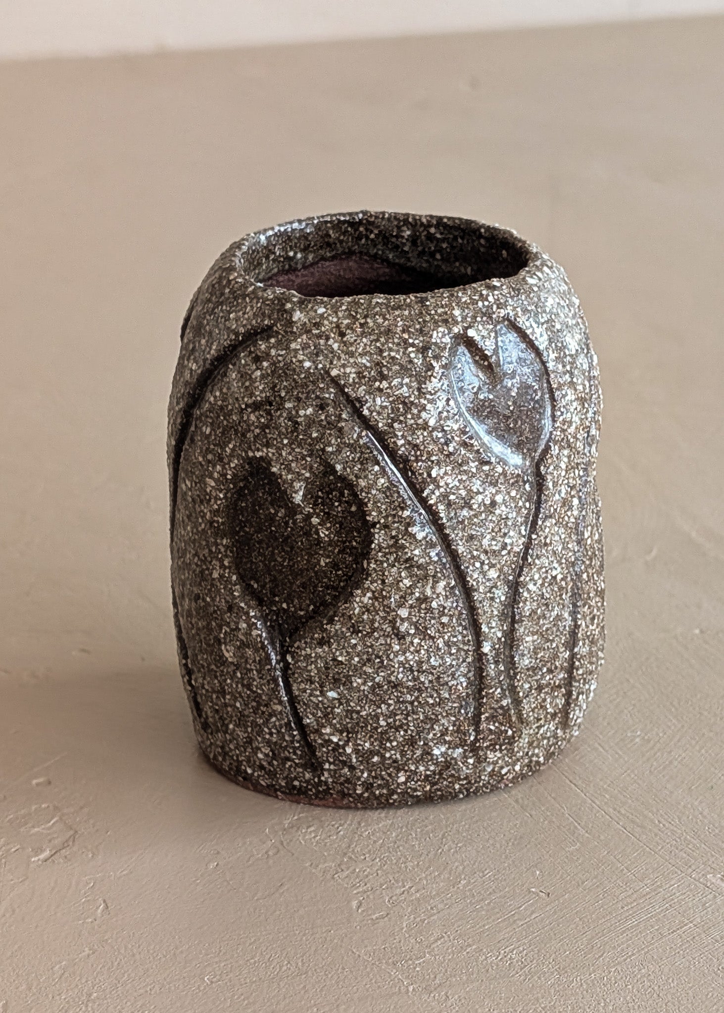 Petite Textured Brown Studio Pottery Vase with Incised Tulip Flower Detail