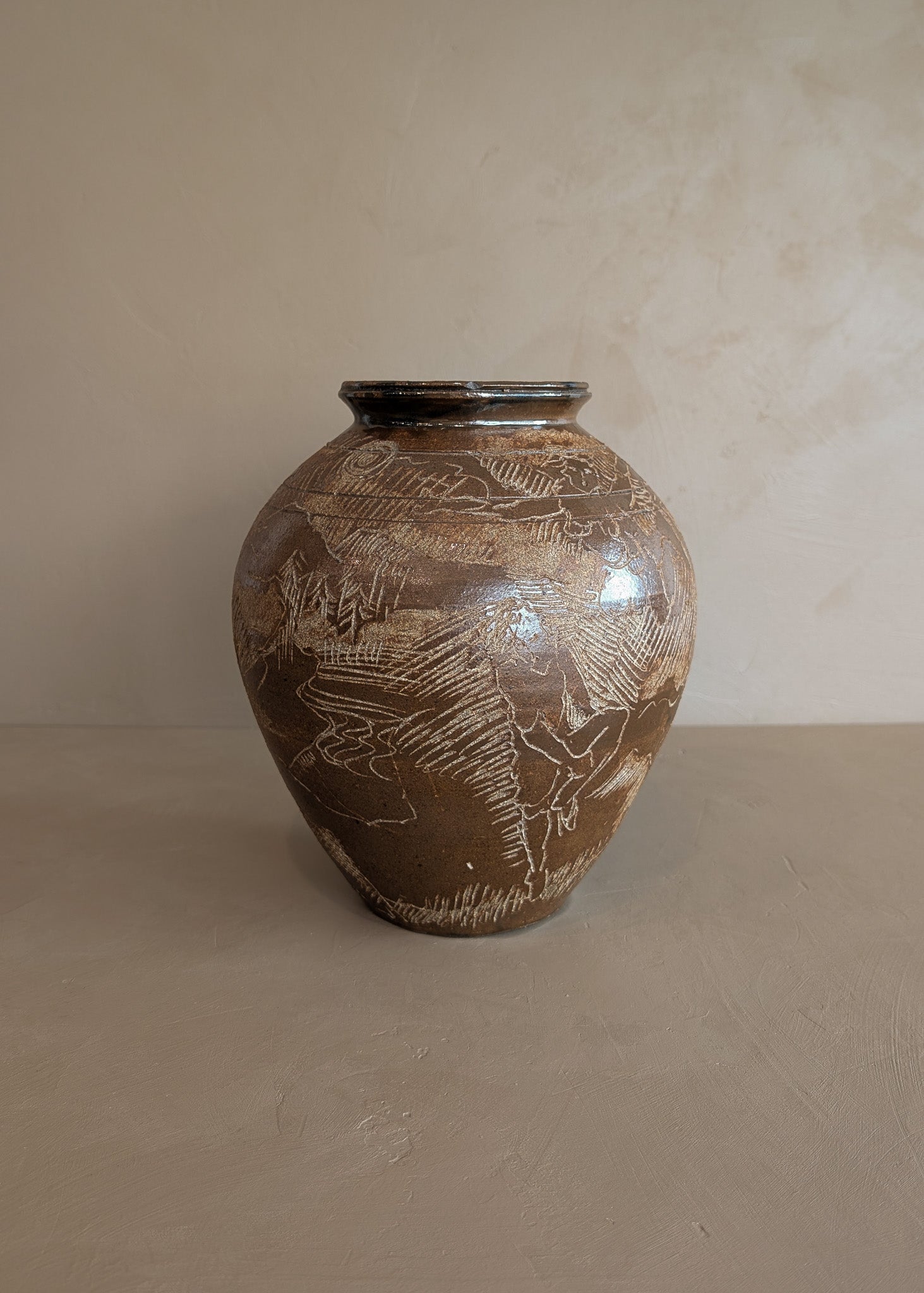 Vintage Signed Studio Pottery Brown Glazed Vase Incised with Nude Figures and Landscape