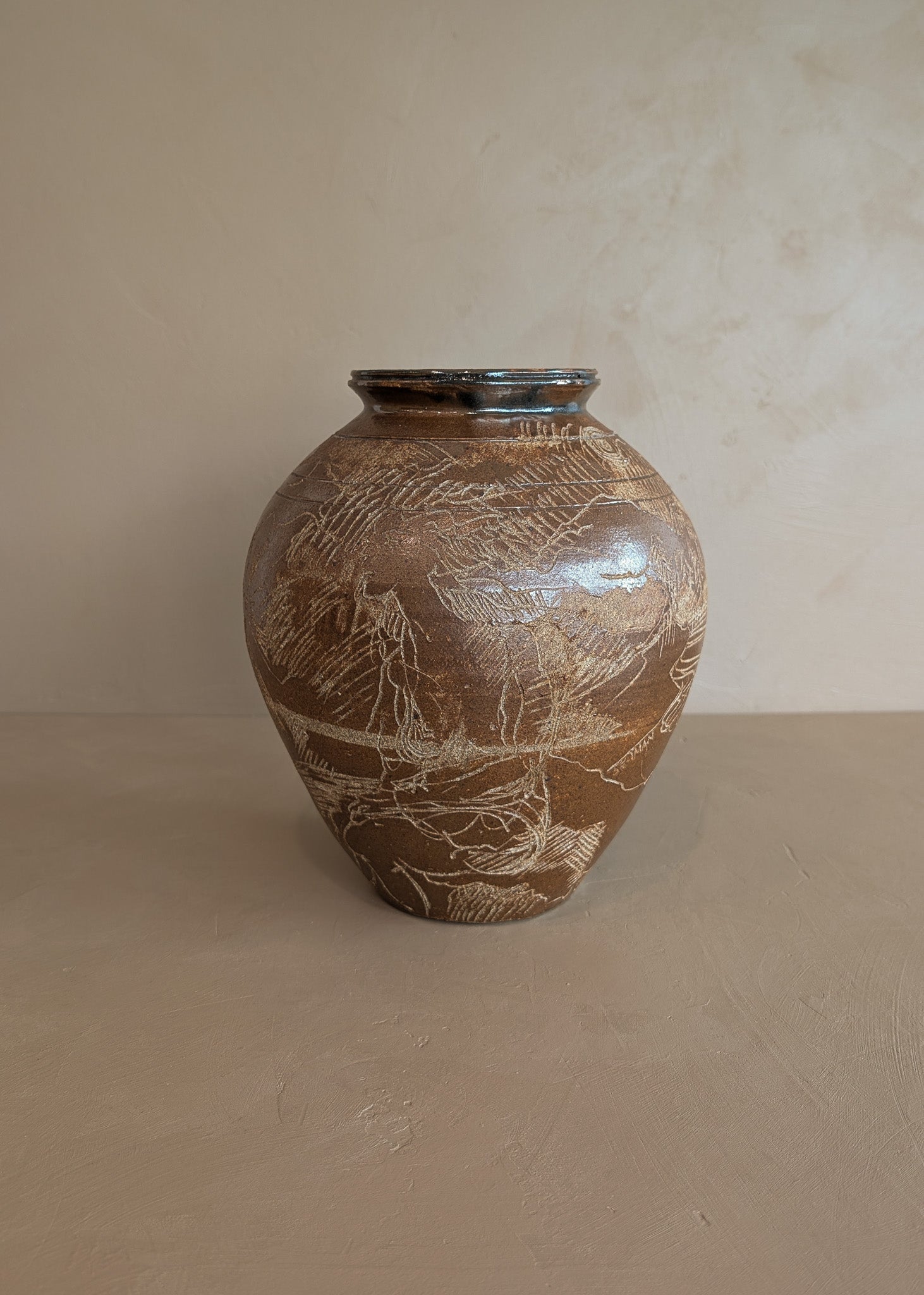 Vintage Signed Studio Pottery Brown Glazed Vase Incised with Nude Figures and Landscape