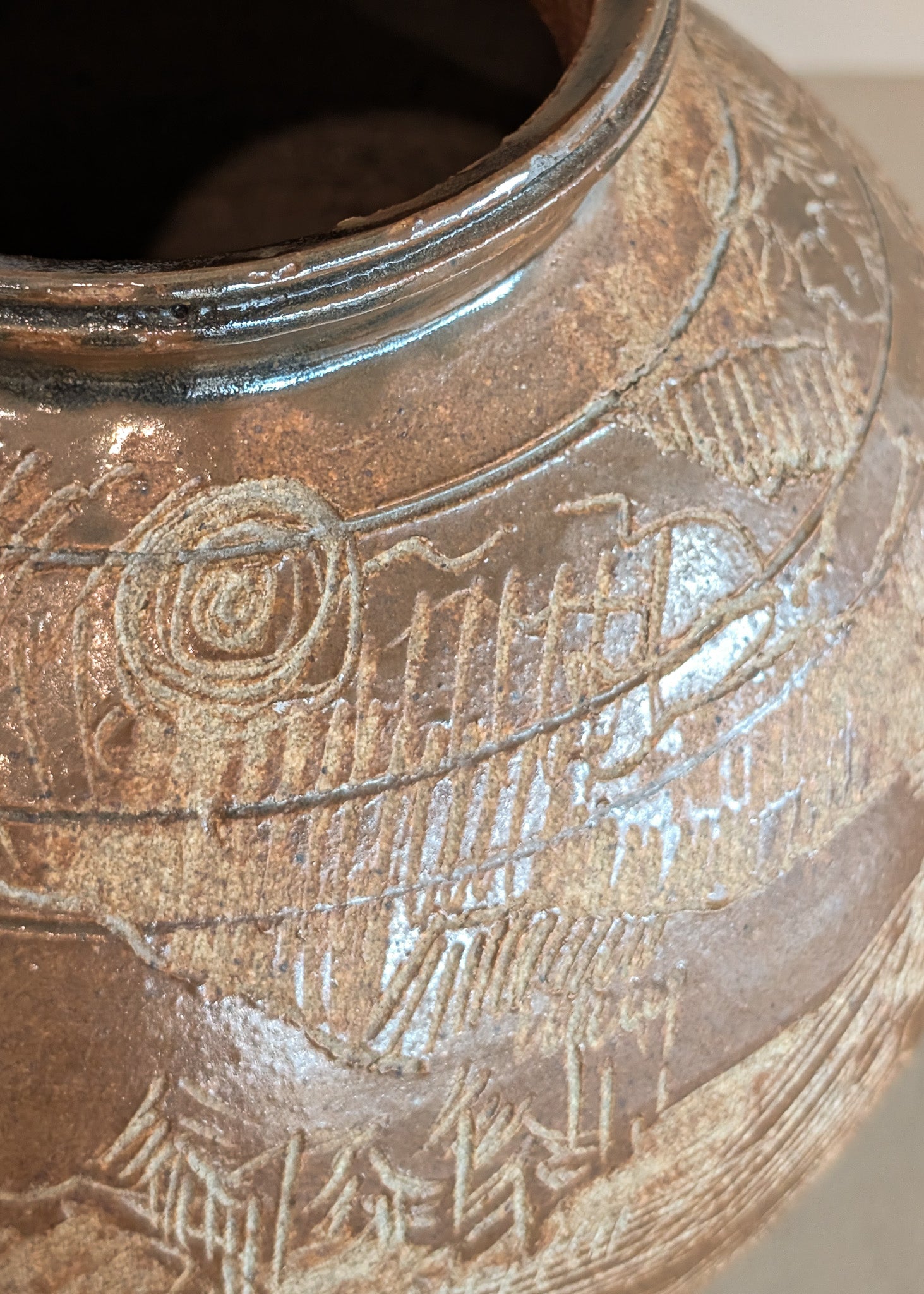 Vintage Signed Studio Pottery Brown Glazed Vase Incised with Nude Figures and Landscape