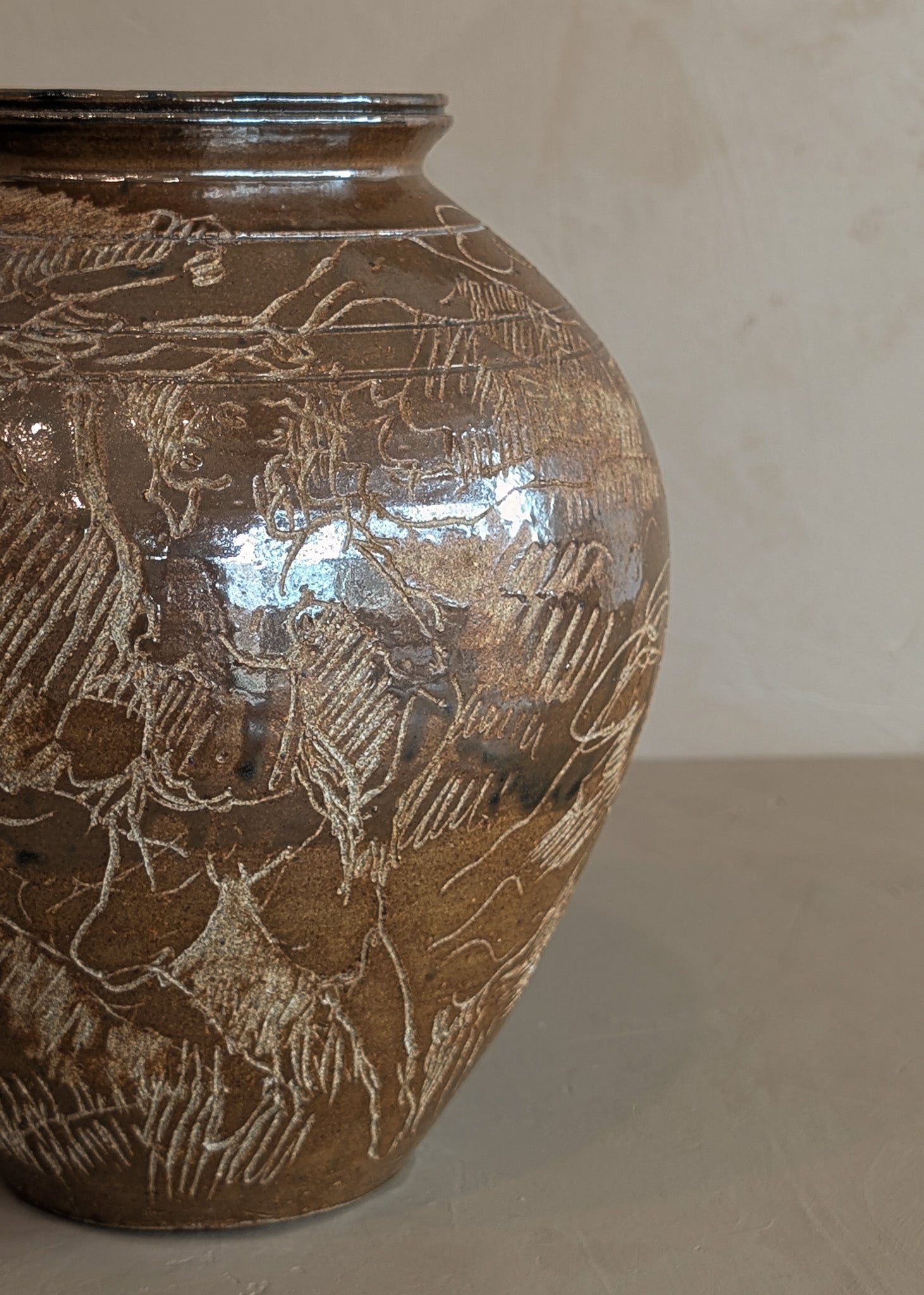 Vintage Signed Studio Pottery Brown Glazed Vase Incised with Nude Figures and Landscape
