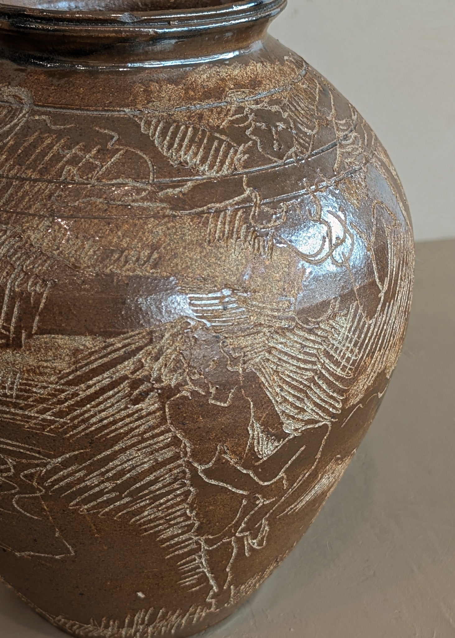Vintage Signed Studio Pottery Brown Glazed Vase Incised with Nude Figures and Landscape
