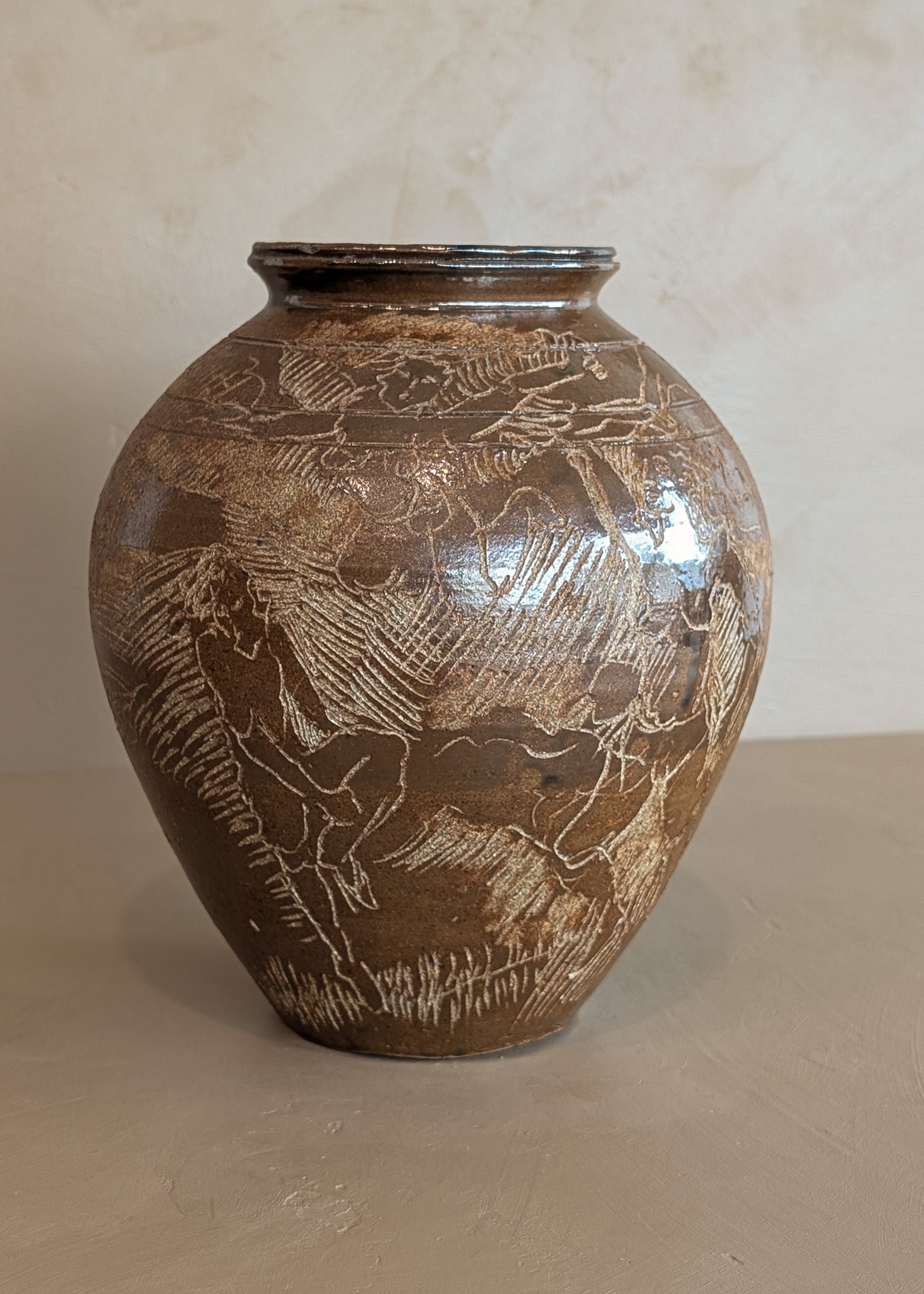 Vintage Signed Studio Pottery Brown Glazed Vase Incised with Nude Figures and Landscape