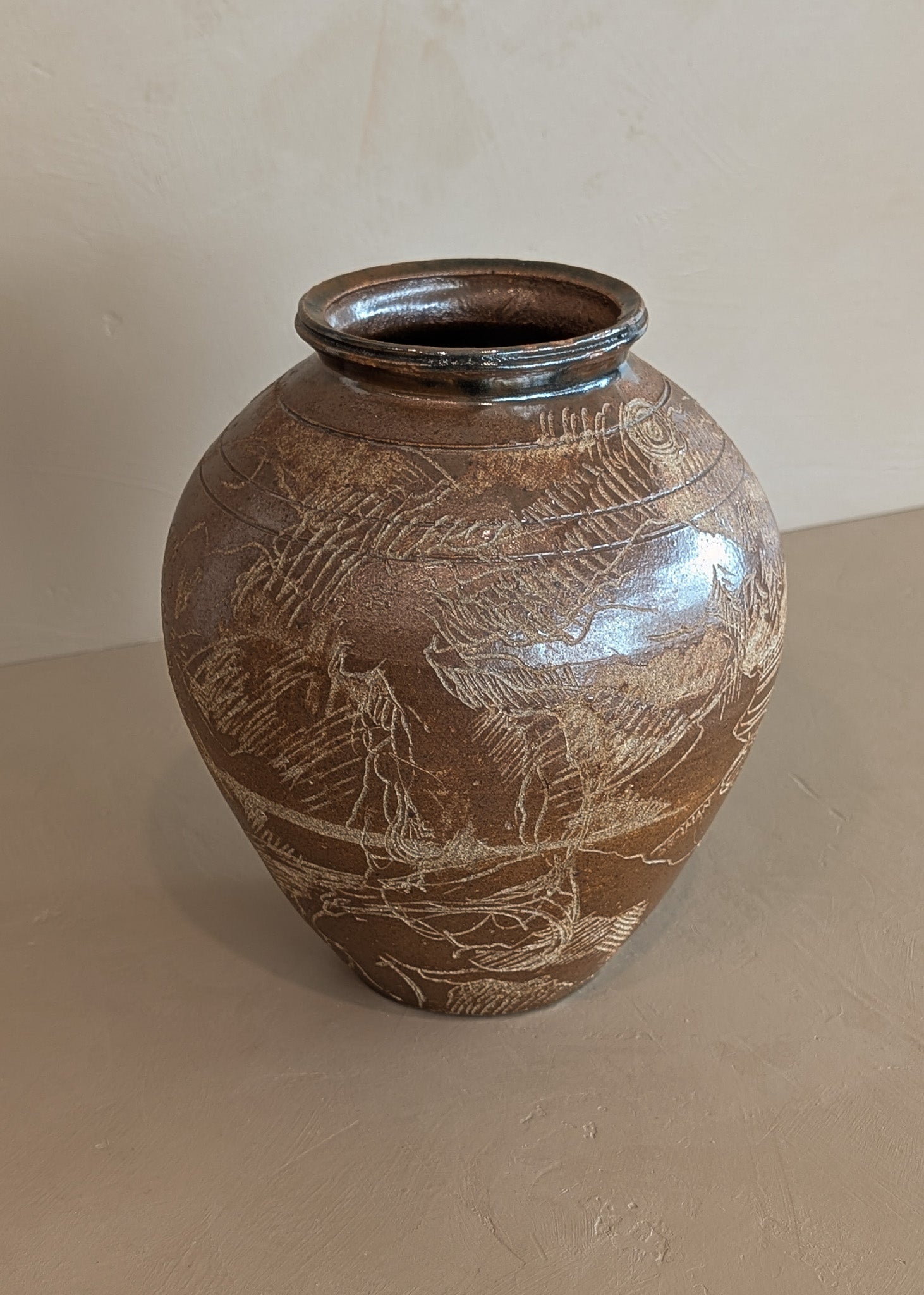 Vintage Signed Studio Pottery Brown Glazed Vase Incised with Nude Figures and Landscape