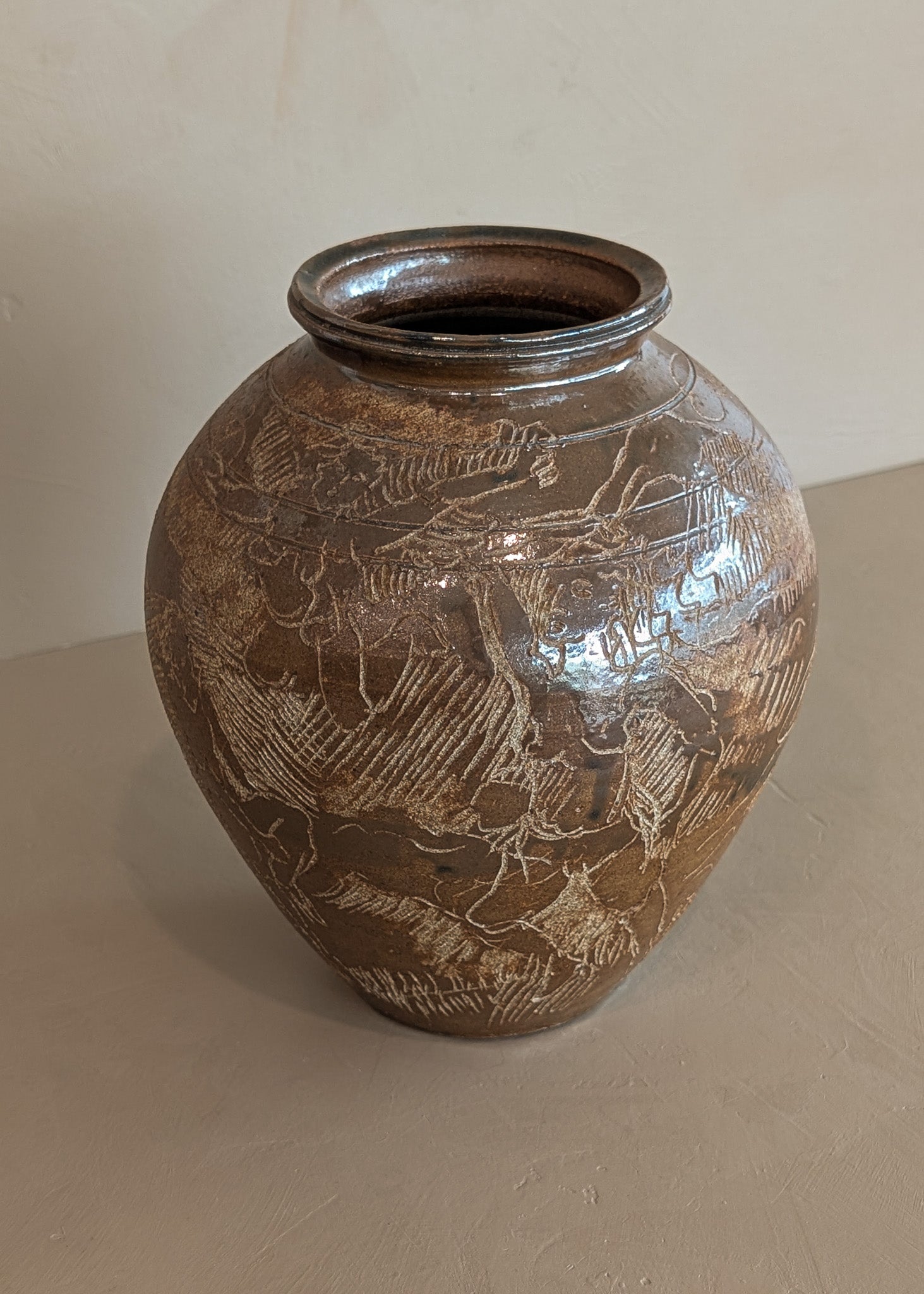 Vintage Signed Studio Pottery Brown Glazed Vase Incised with Nude Figures and Landscape