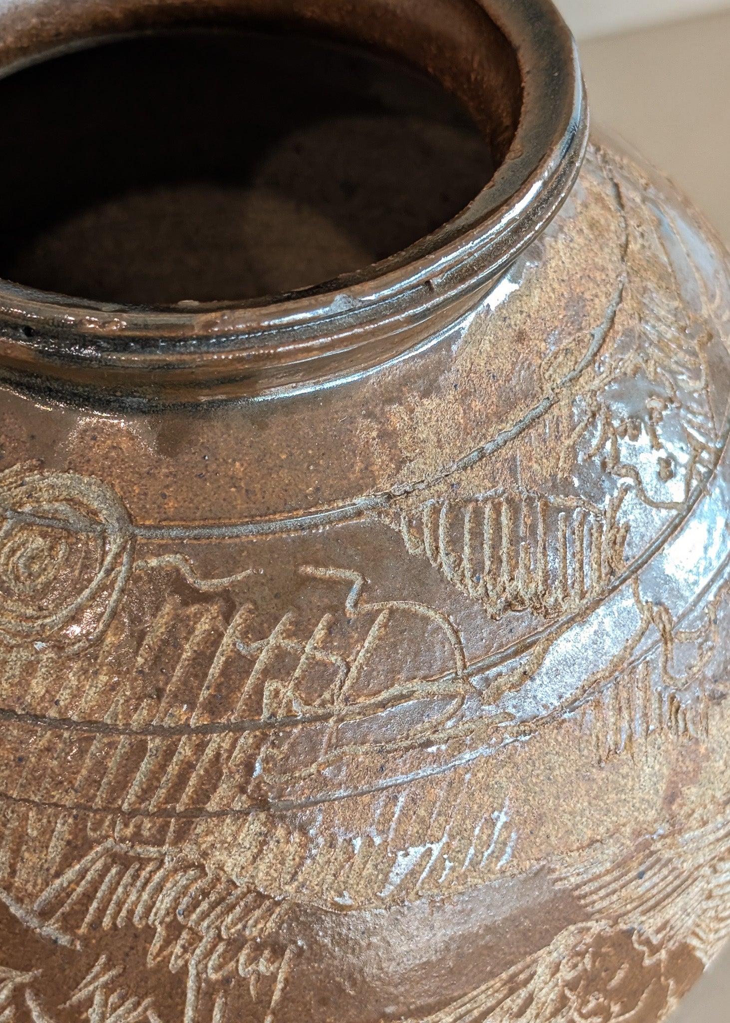 Vintage Signed Studio Pottery Brown Glazed Vase Incised with Nude Figures and Landscape