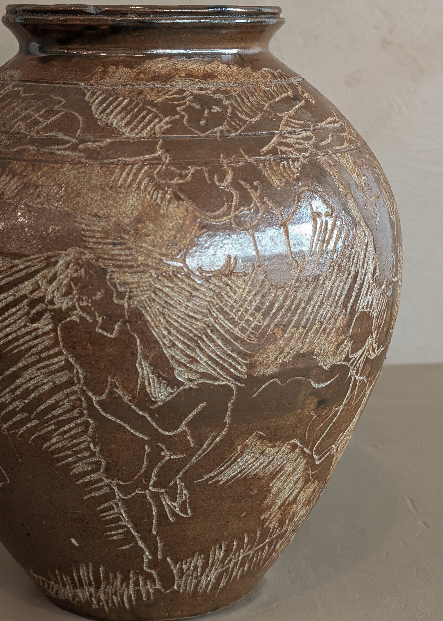Vintage Signed Studio Pottery Brown Glazed Vase Incised with Nude Figures and Landscape